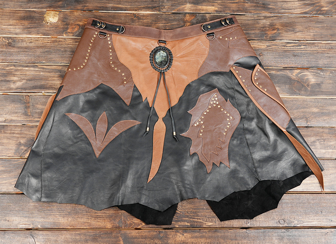 Handmade leather patchwork skirt with labradorite stone detail
