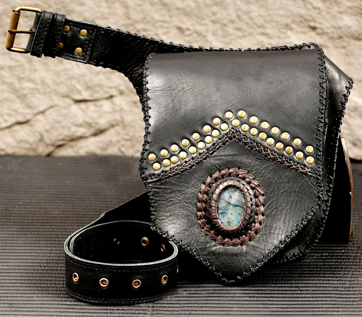 Leather hip belt with brass buckles and Labradorite
