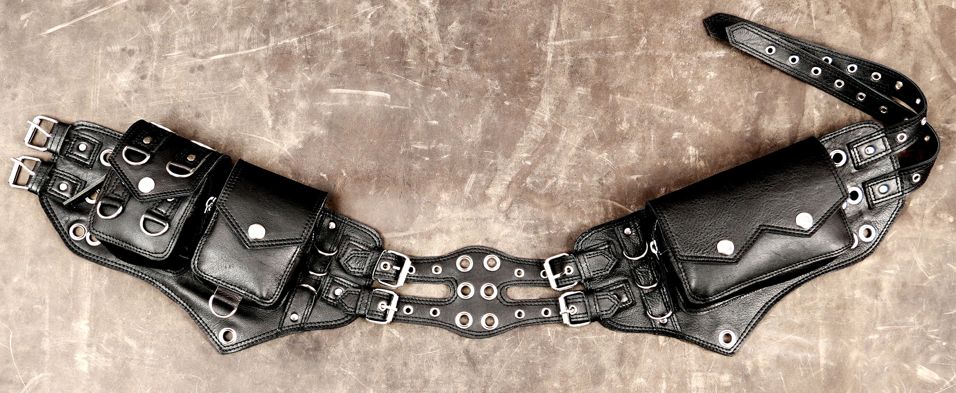 Handmade leather utility belt with double multi pocket bags