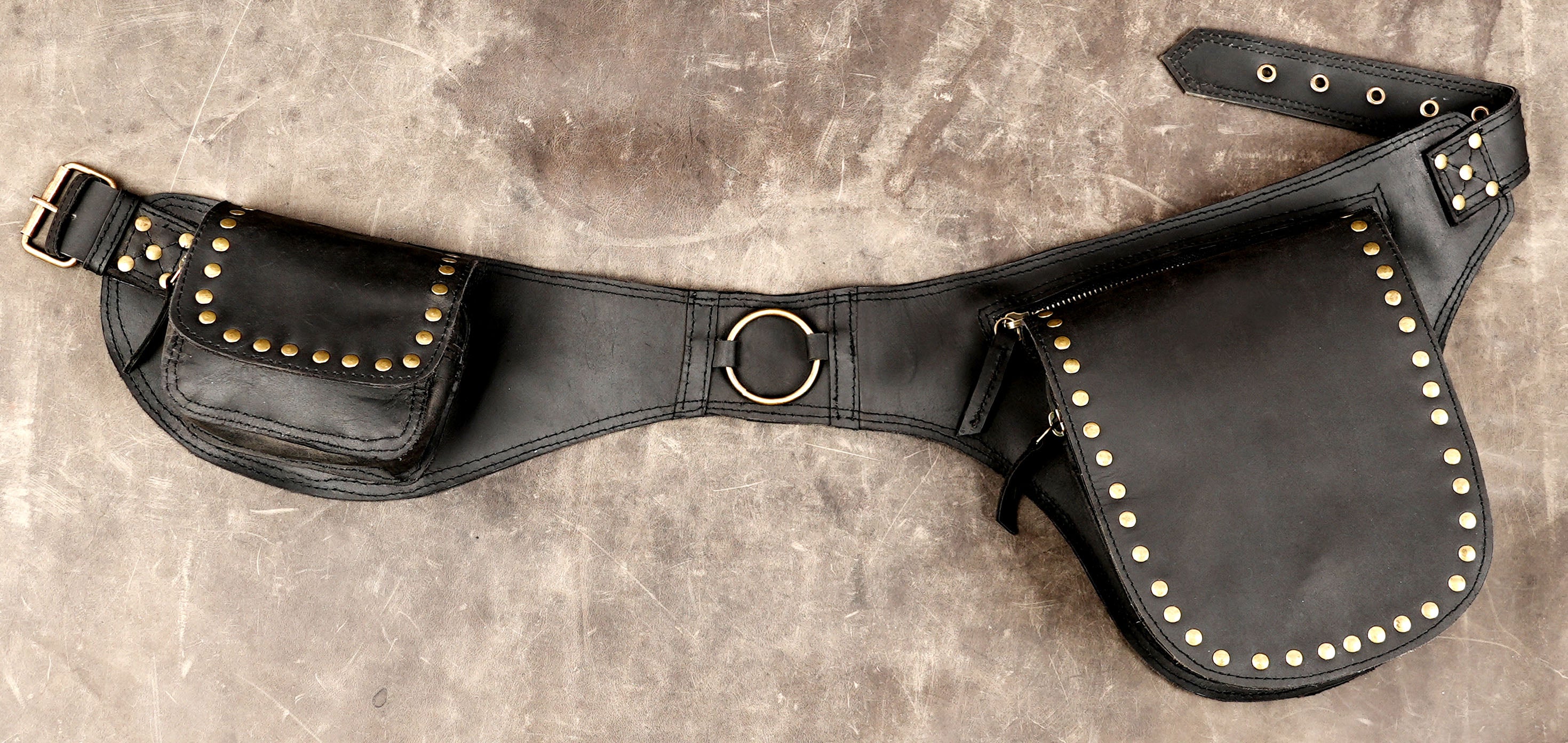 Handmade leather utility belt with double studded pockets
