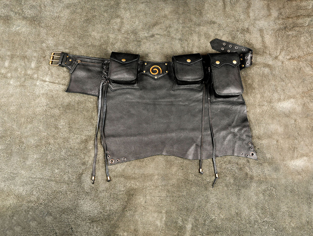 Handmade leather utility skirt with three snap pockets