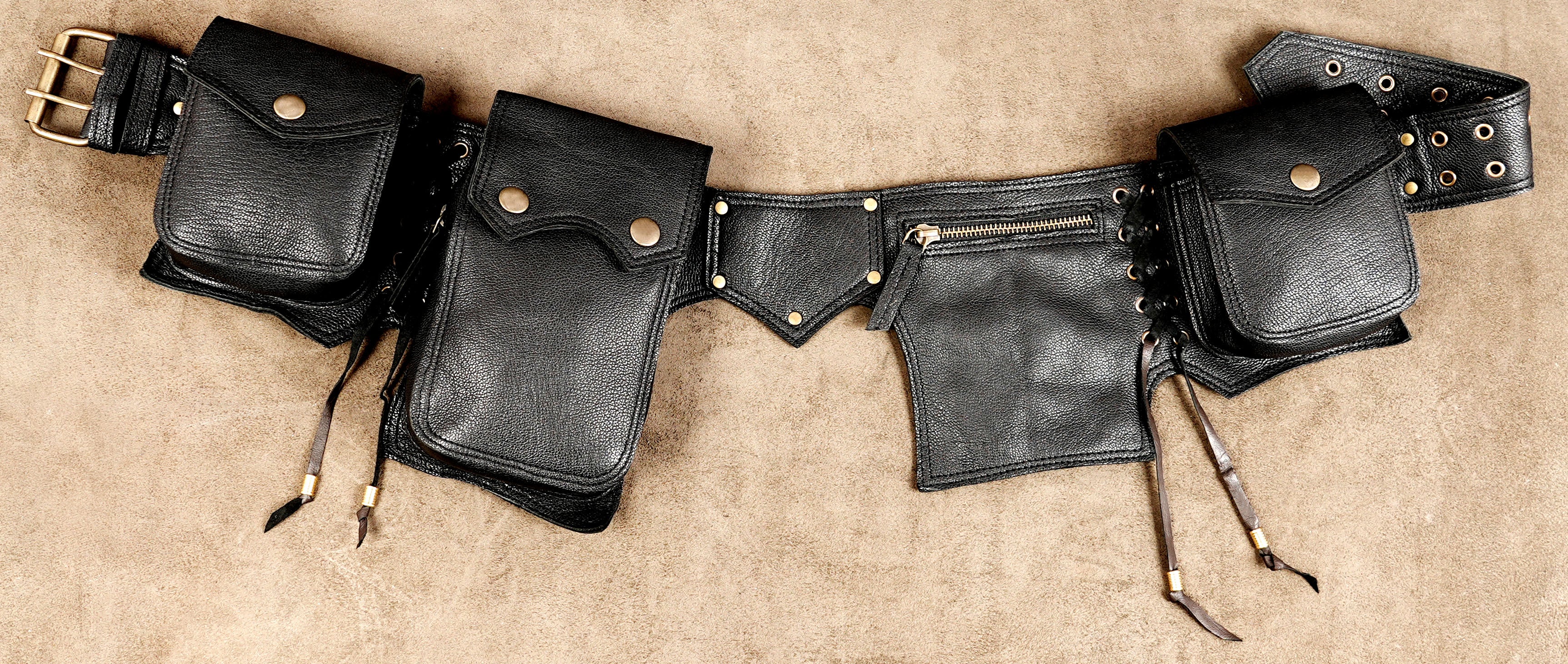 Handmade leather utility waist belt with five pockets