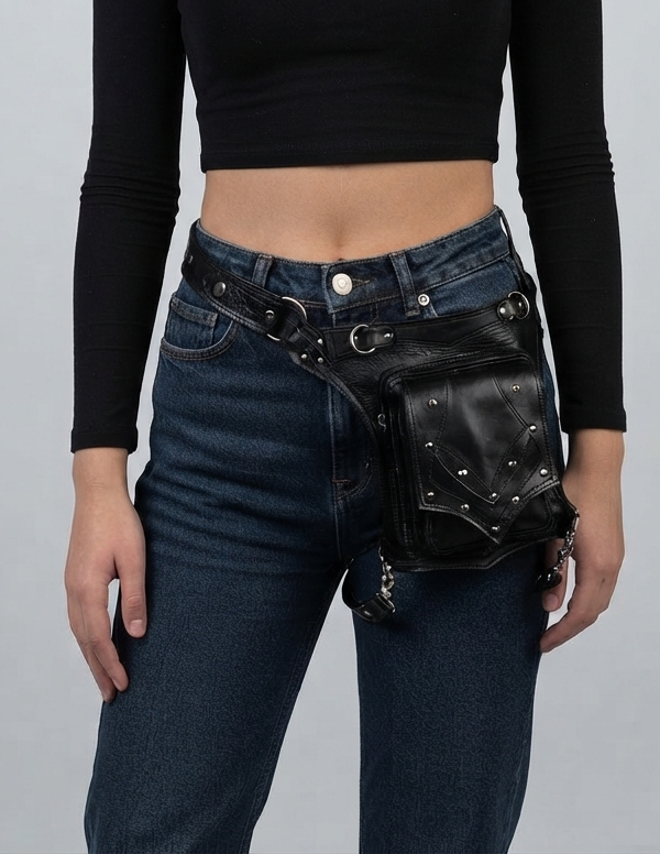 Handmade leather waist and thigh bag with diamond studs
