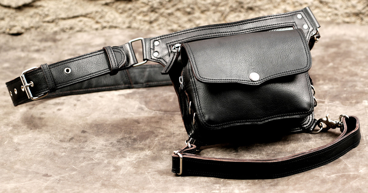 Handmade leather waist bag with nickel silver hardware