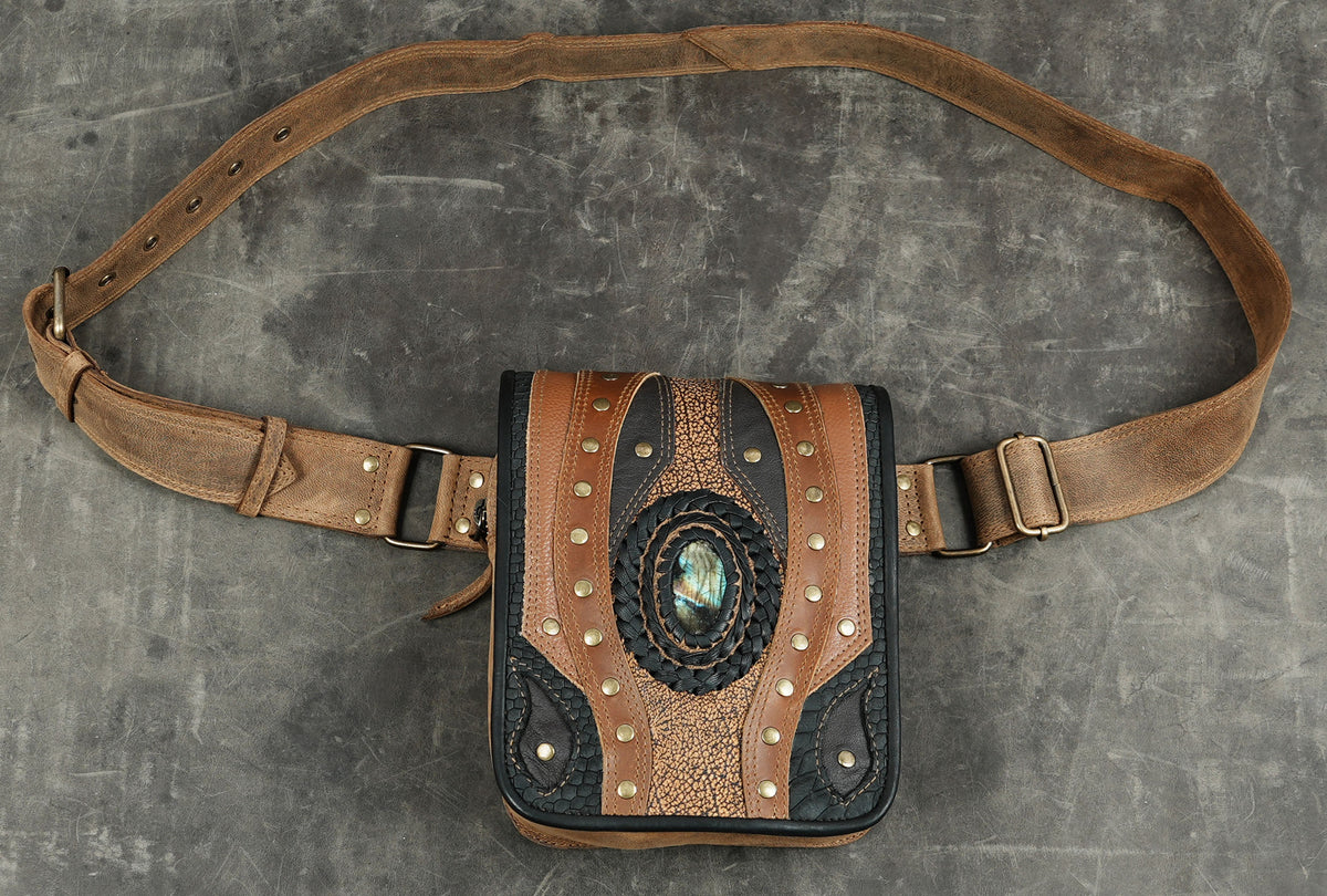 Handmade multi texture leather hip bag with labradorite stone