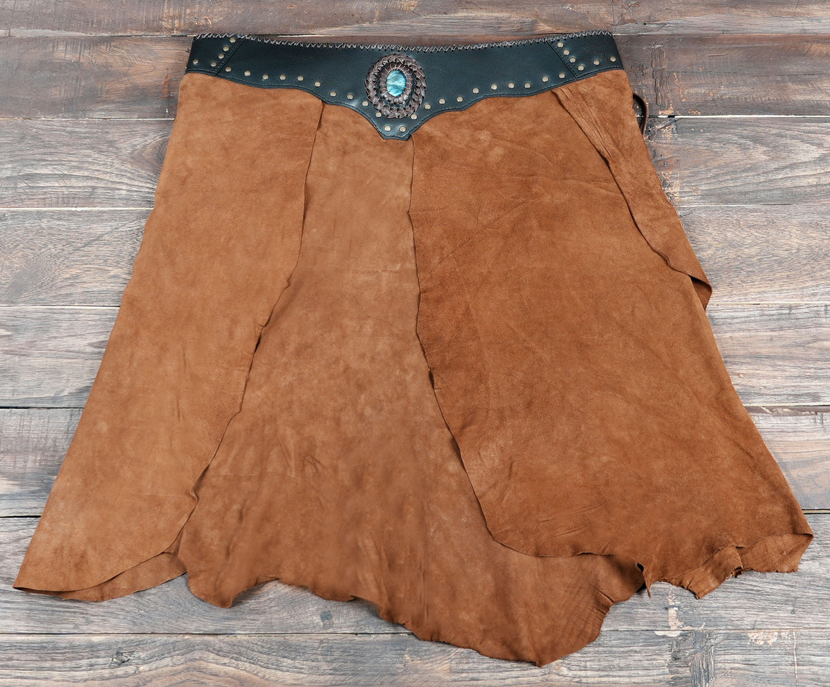 Handmade suede leather skirt with labradorite stone waistband