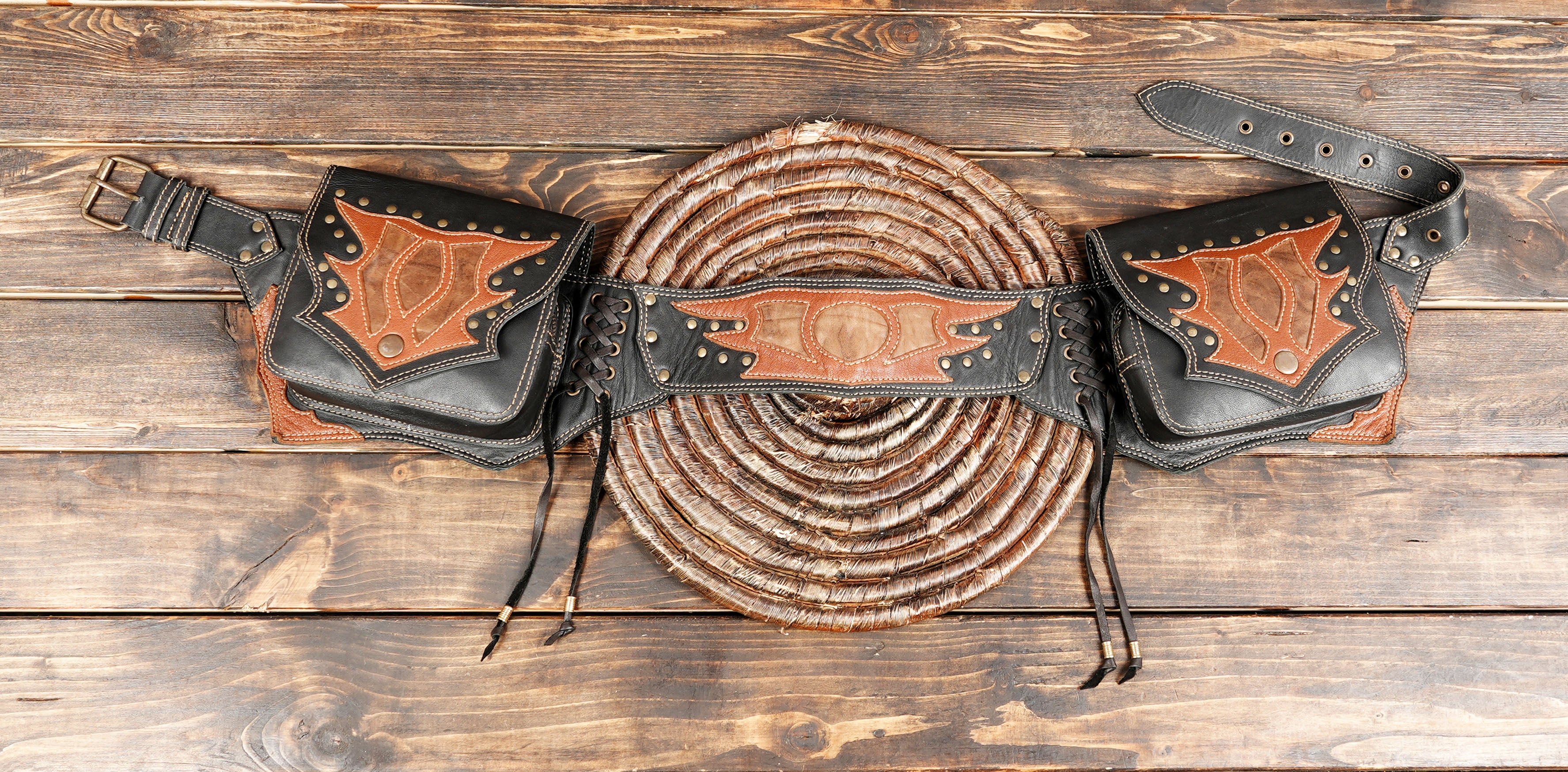 Handmade two-tone leather waist bag with double pockets