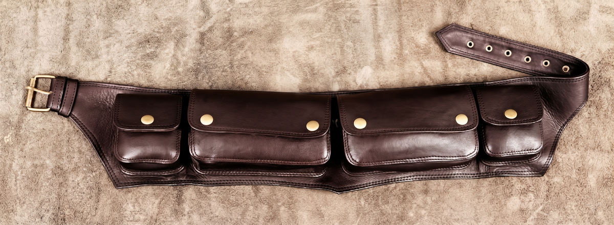 Multi-pocket black leather hip utility belt for travel and events
