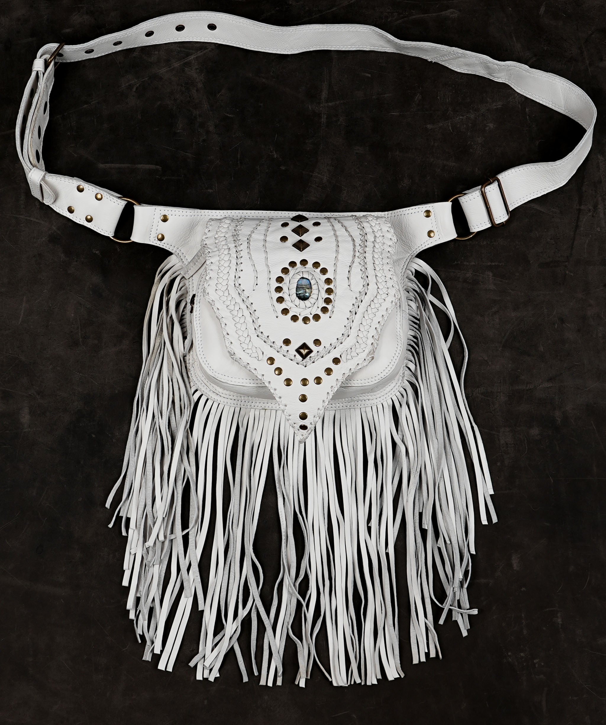 Handmade white leather fringe waist bag with Labradorite gemstone
