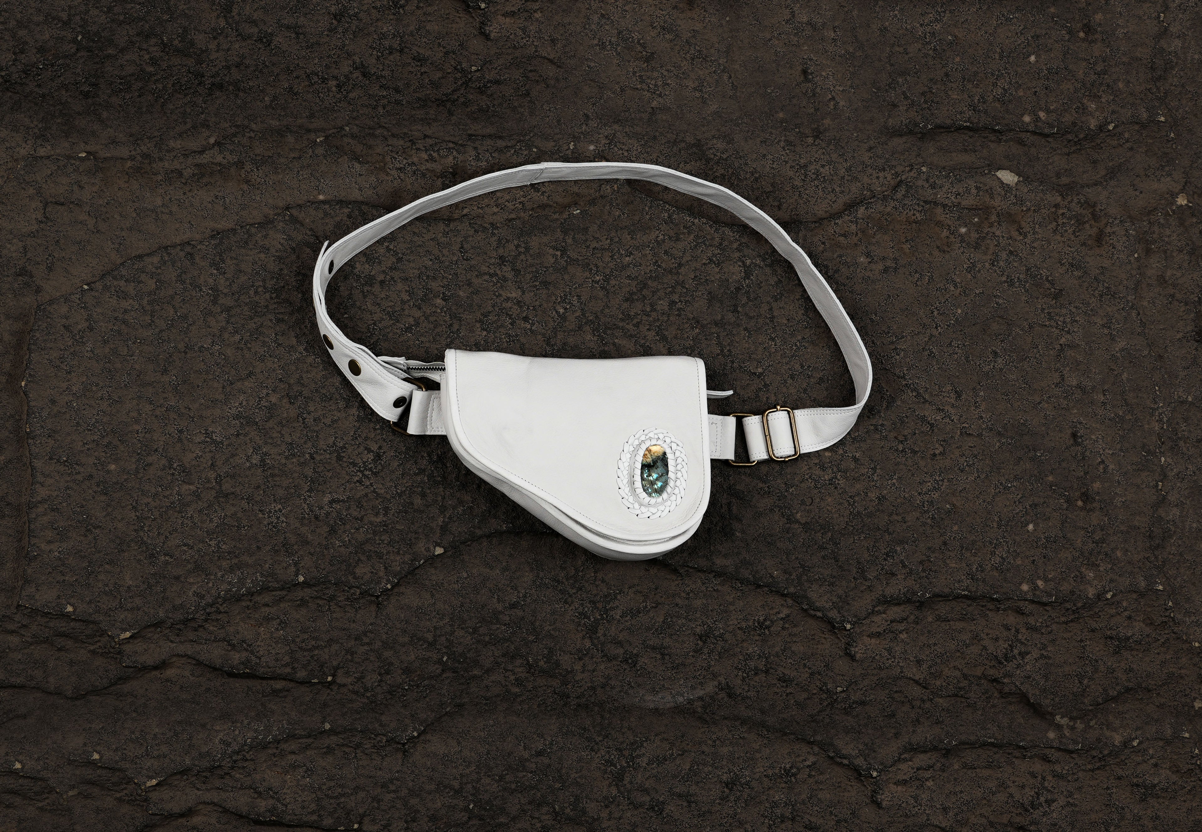 Handmade white leather hip bag with labradorite stone detail