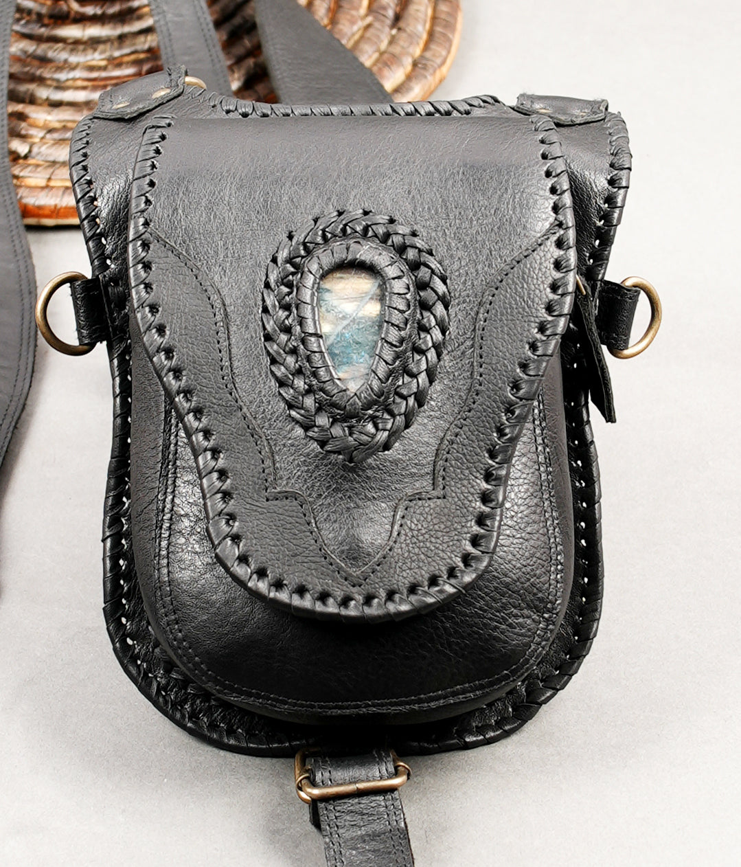 Unisex black leather double pouch belt harness for festivals and alternative fashion
 