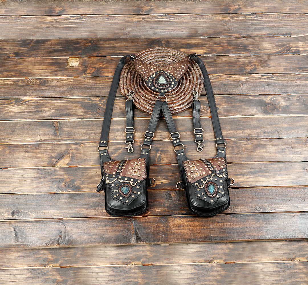 Unisex leather double holster bag with decorative turquoise gemstone centers and adjustable black straps
 