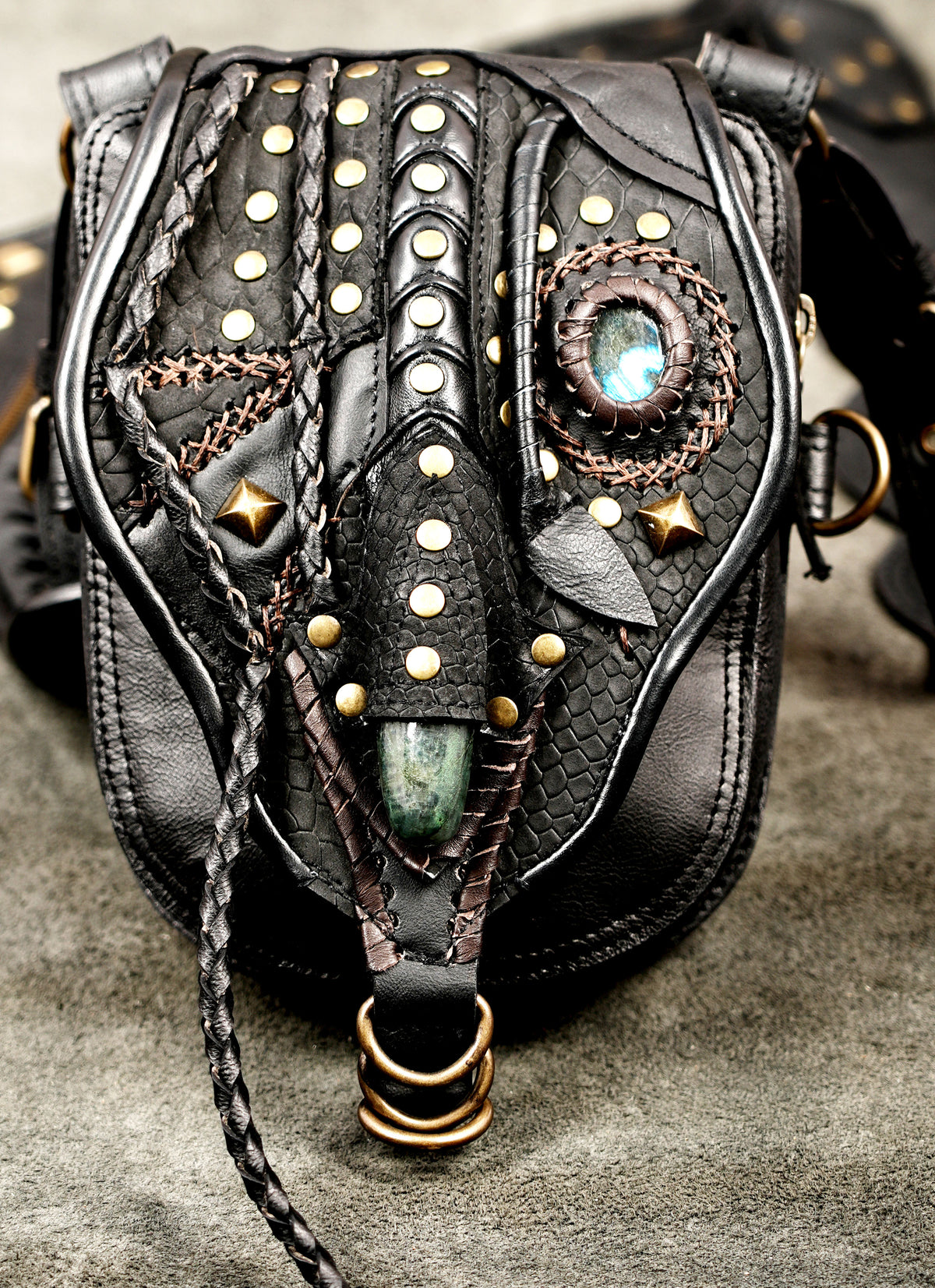 Black leather double thigh bag harness with turquoise toned stones and antique brass hardware
 Copy