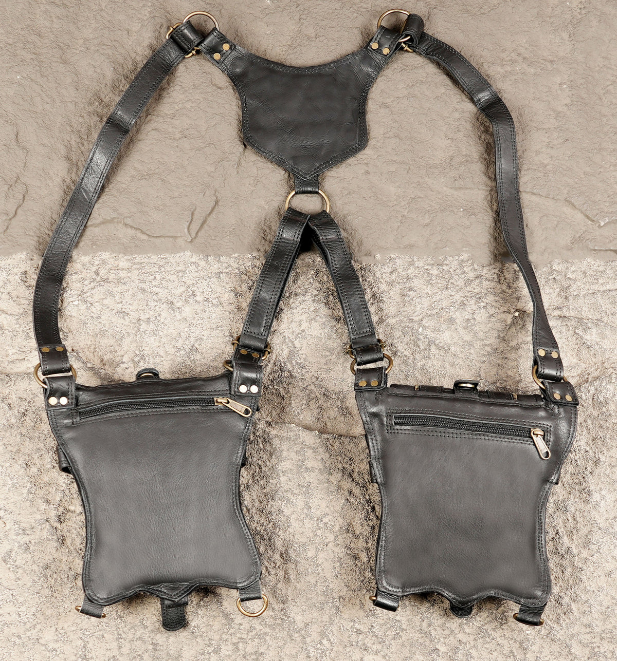 Handmade alternative fashion harness with two black utility pouches for travel