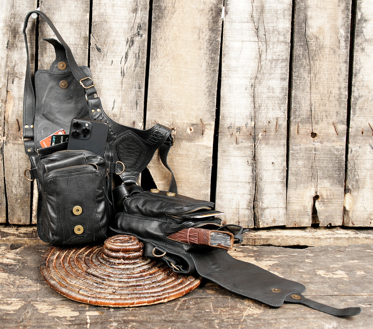 Alternative fashion shoulder holster bag with two black leather pouches
