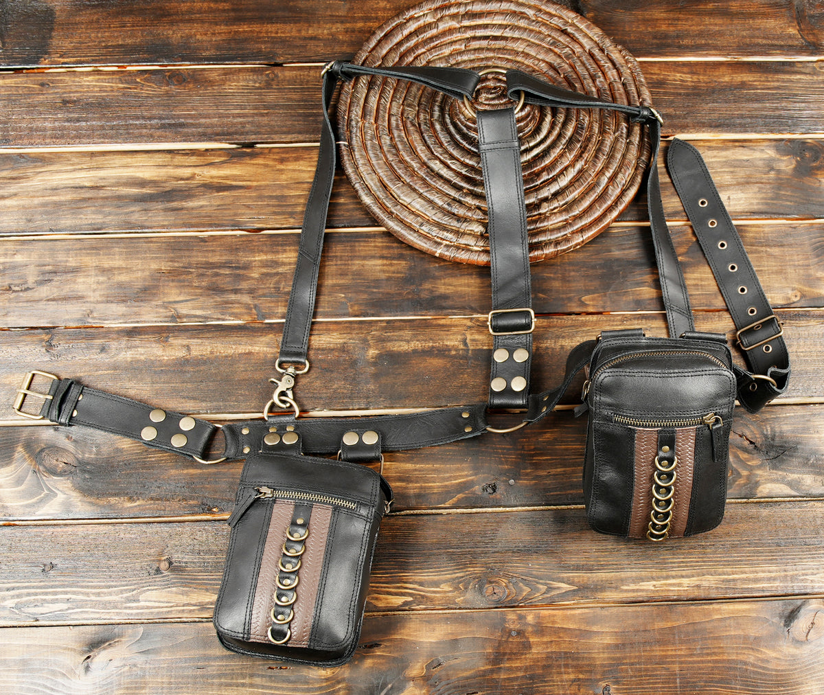 Functional black leather belt and suspender harness with zipper pockets   