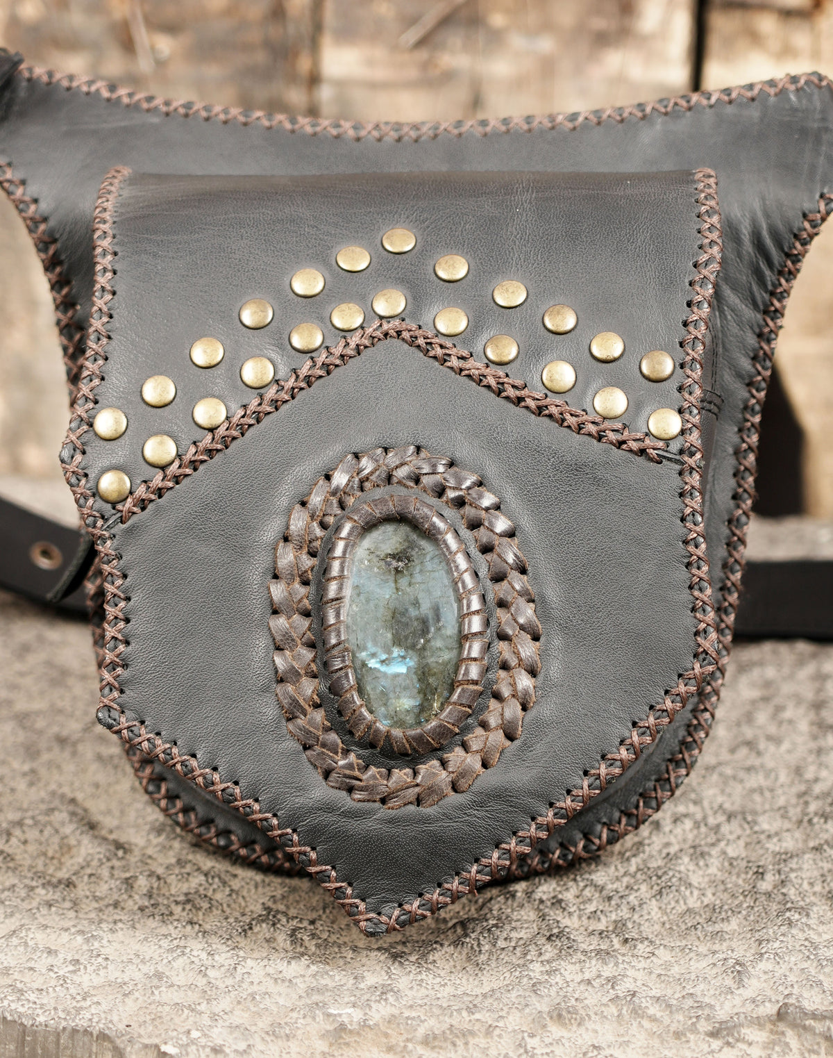 Steampunk inspired black leather belt bag with metal studs