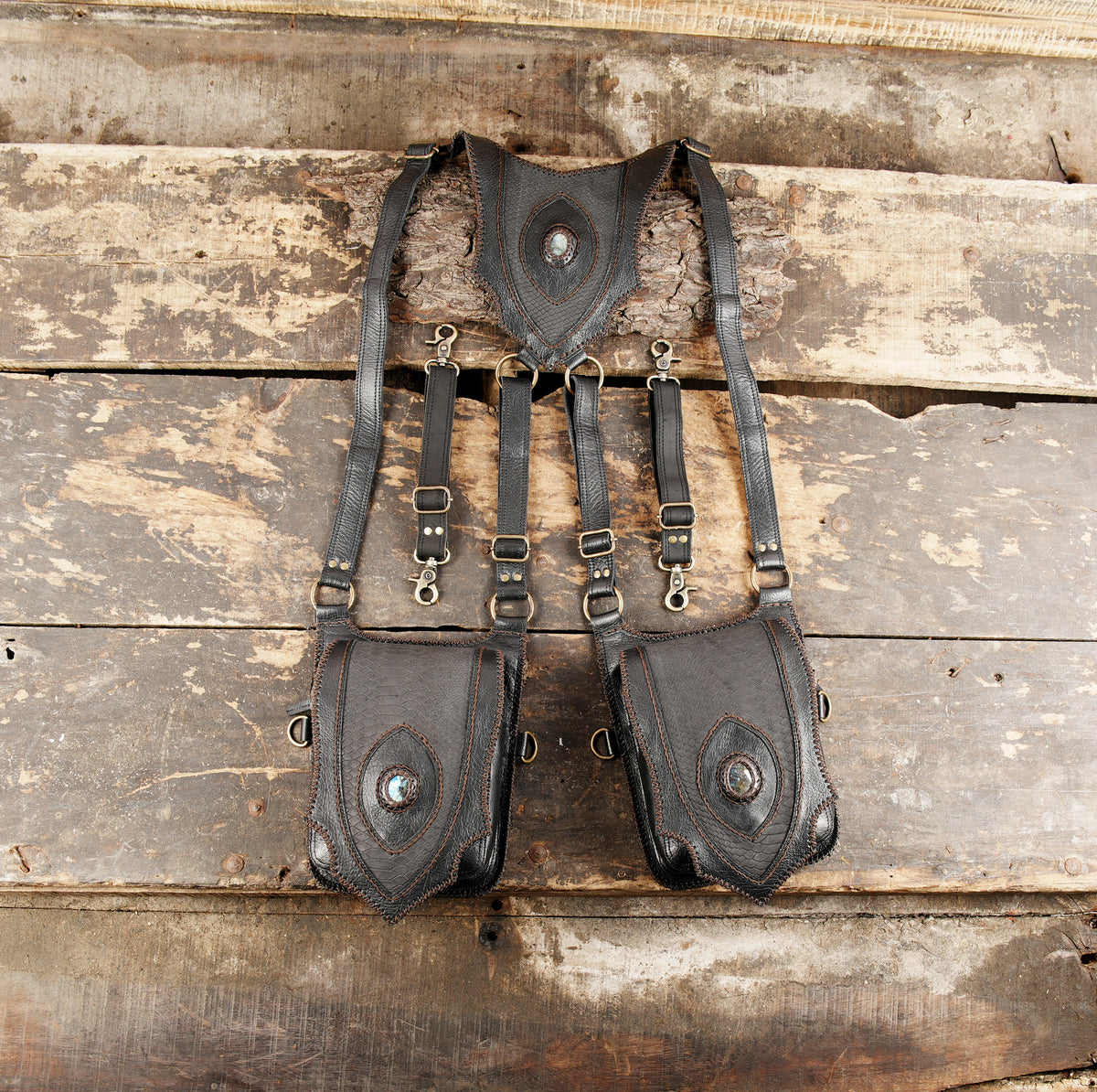 Handmade genuine leather double shoulder holster with dual utility bags and gemstone detail   
