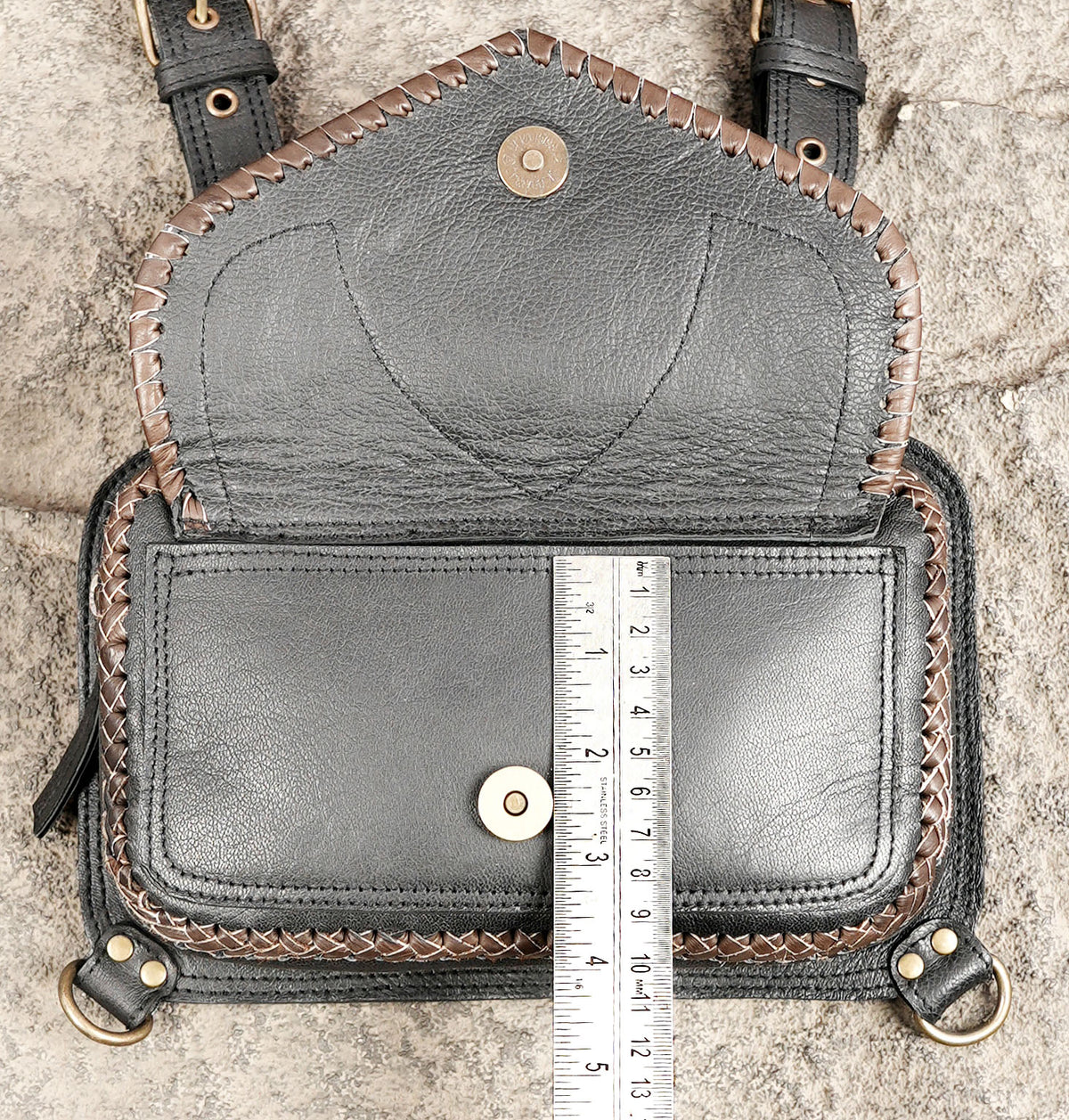Black leather cosplay harness with dual pocket holster bags