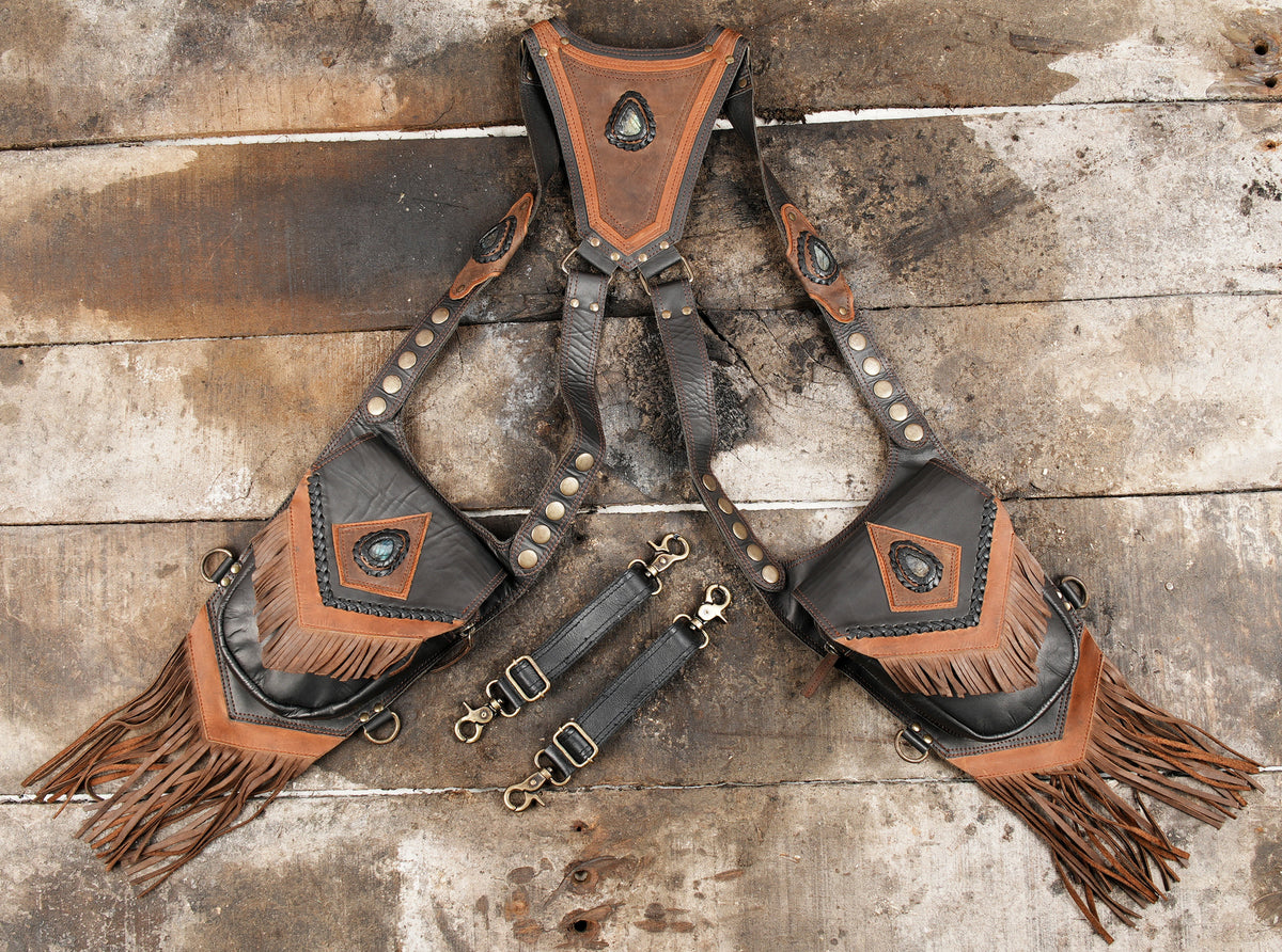 Brown and black leather double holster pouch with long leather fringe