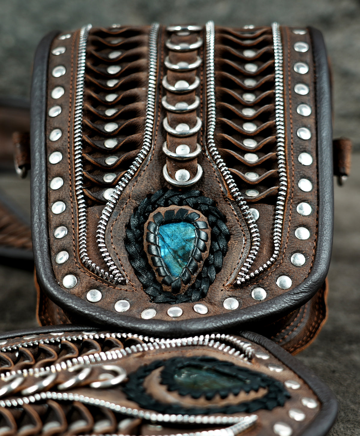 Brown Leather Holster Bag with Gemstones Unisex Steampunk Harness