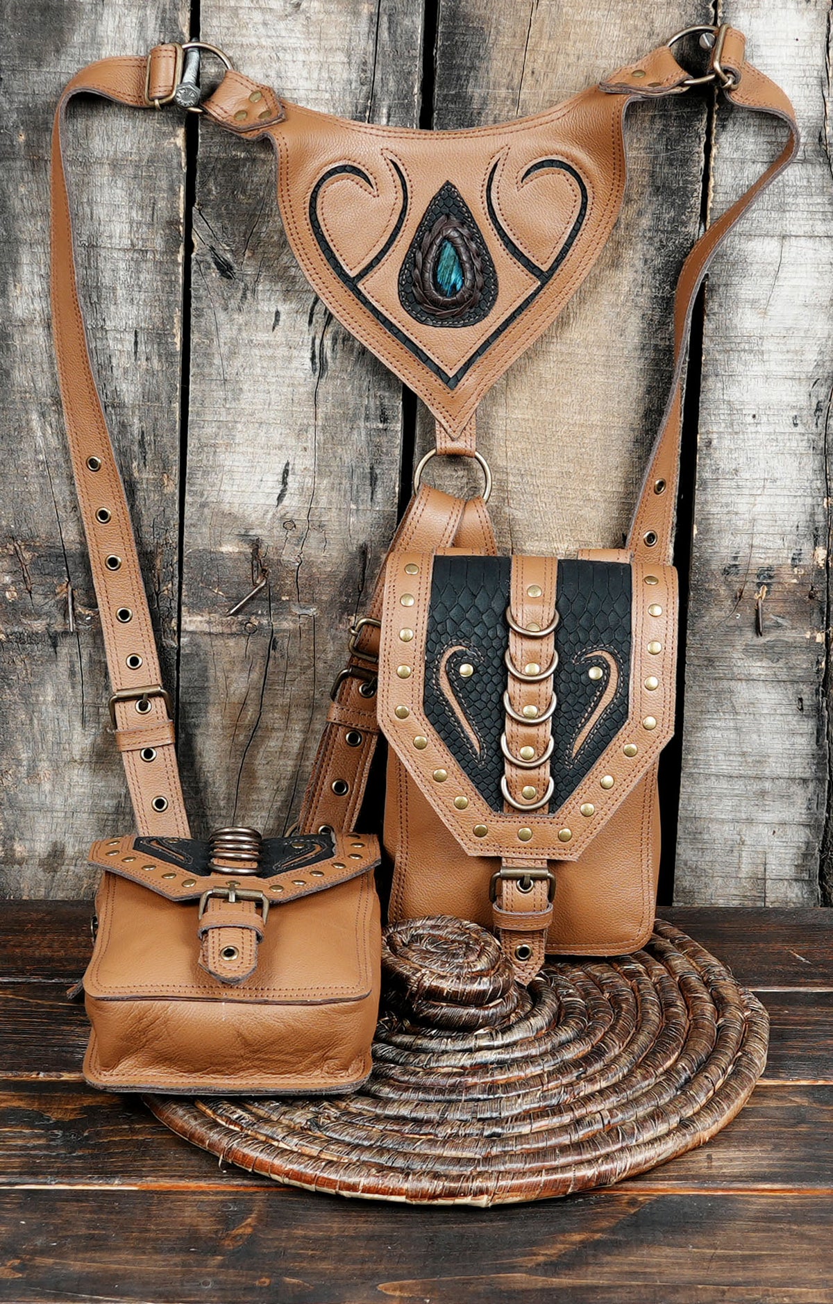 Unisex brown leather harness with studded flap pockets and adjustable straps