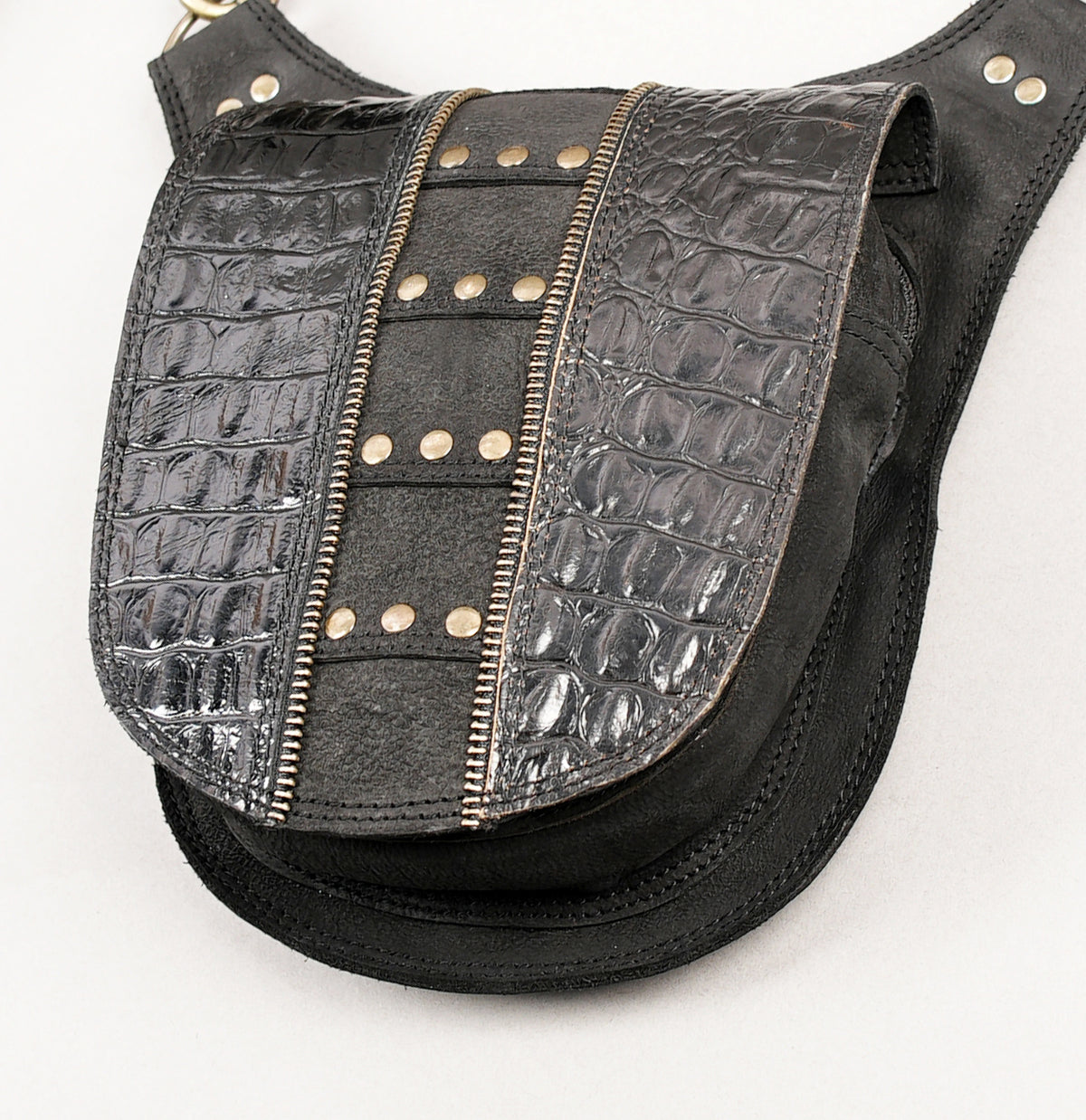 Black crocodile-textured leather chest harness with pockets   