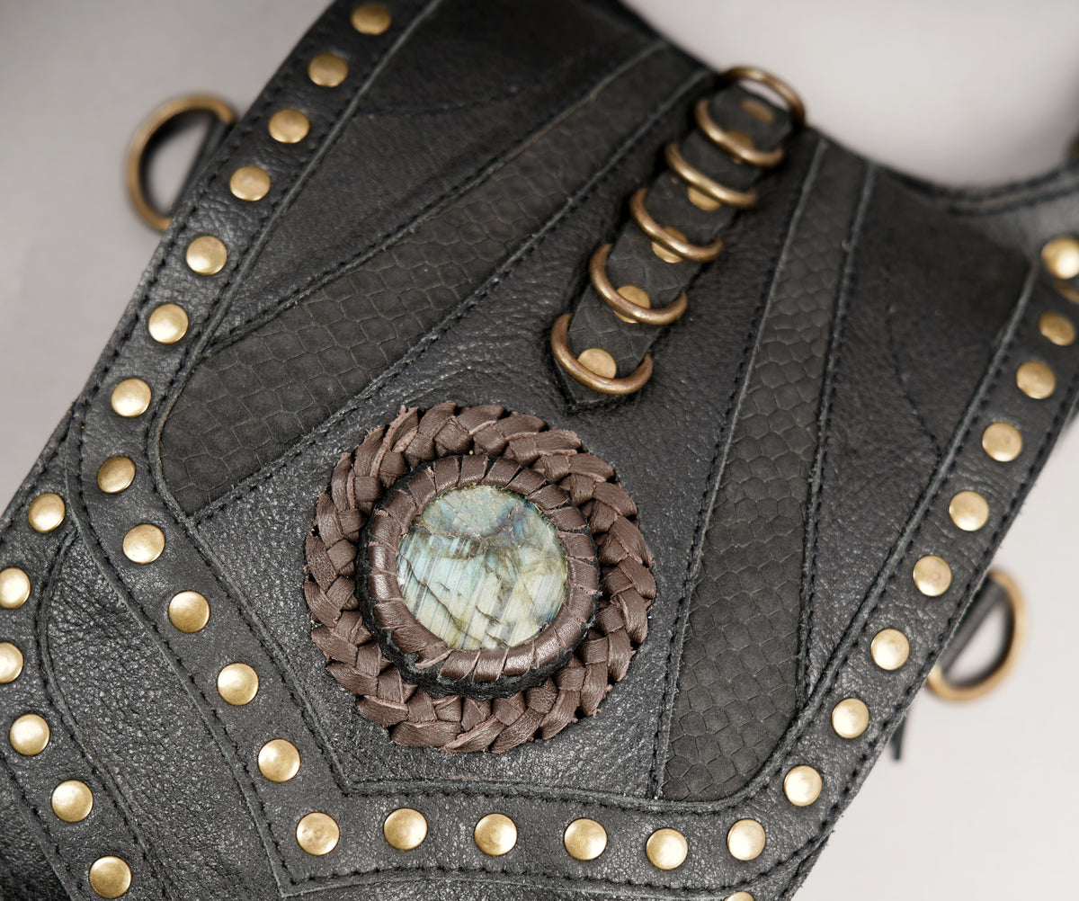 Black leather shoulder and thigh harness set with gemstone pocket flaps