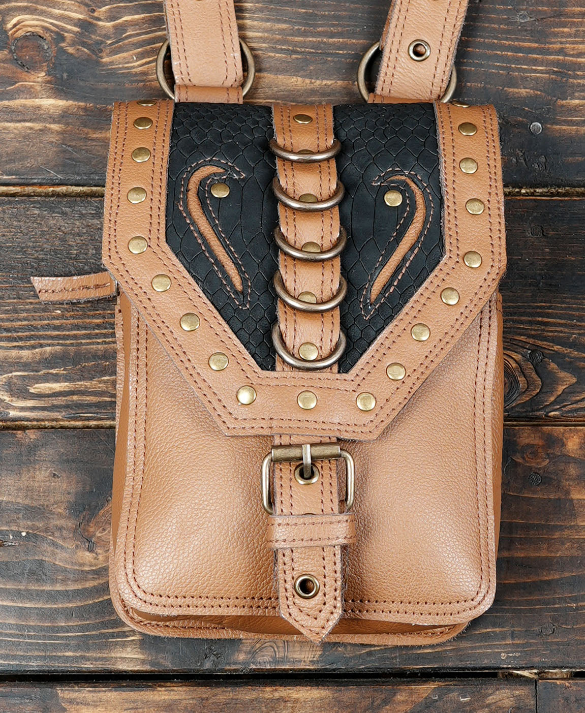 Unisex tan leather double pouch harness for music festivals and concerts