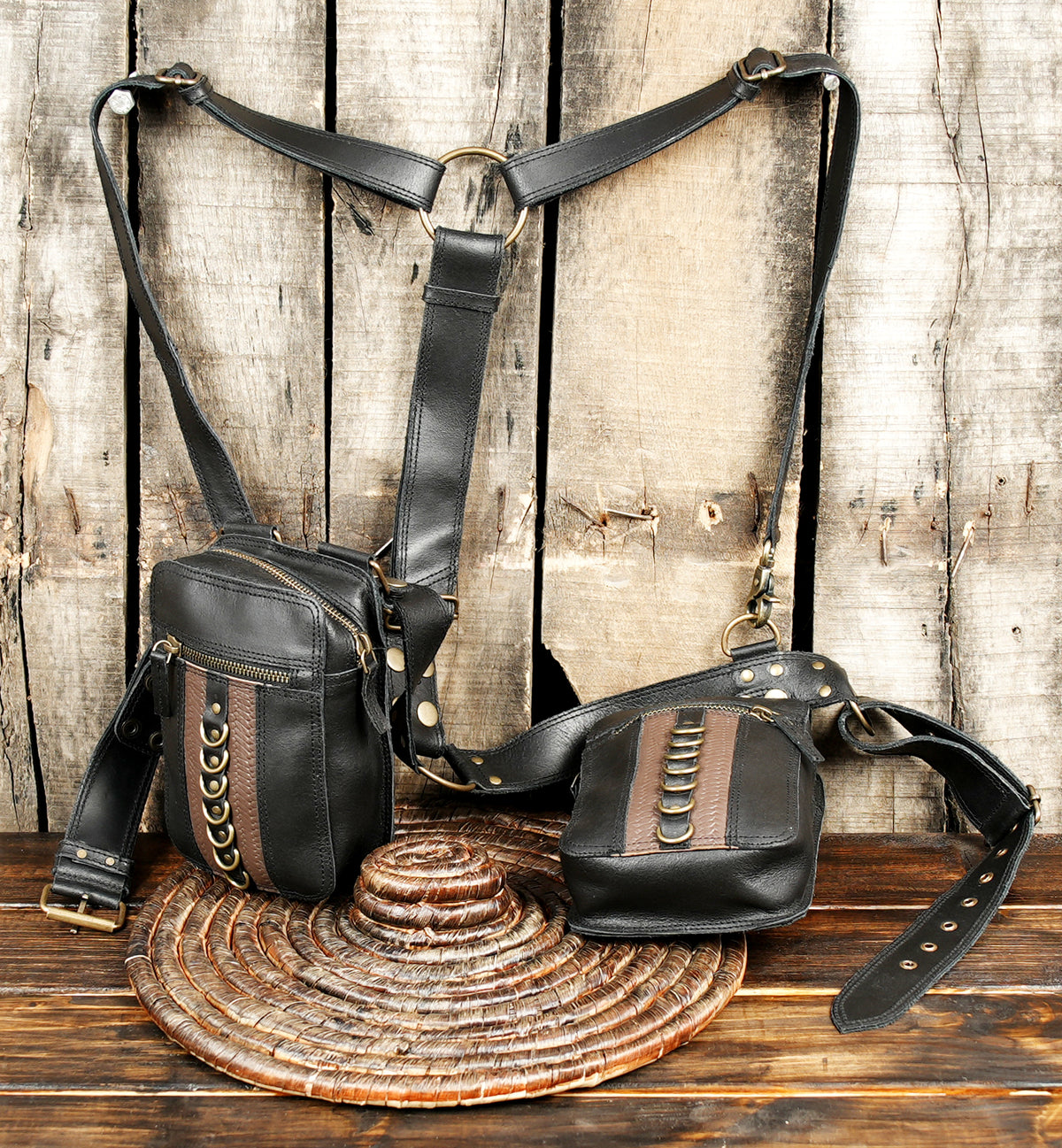 Edgy black leather body harness with double utility bags for festivals   