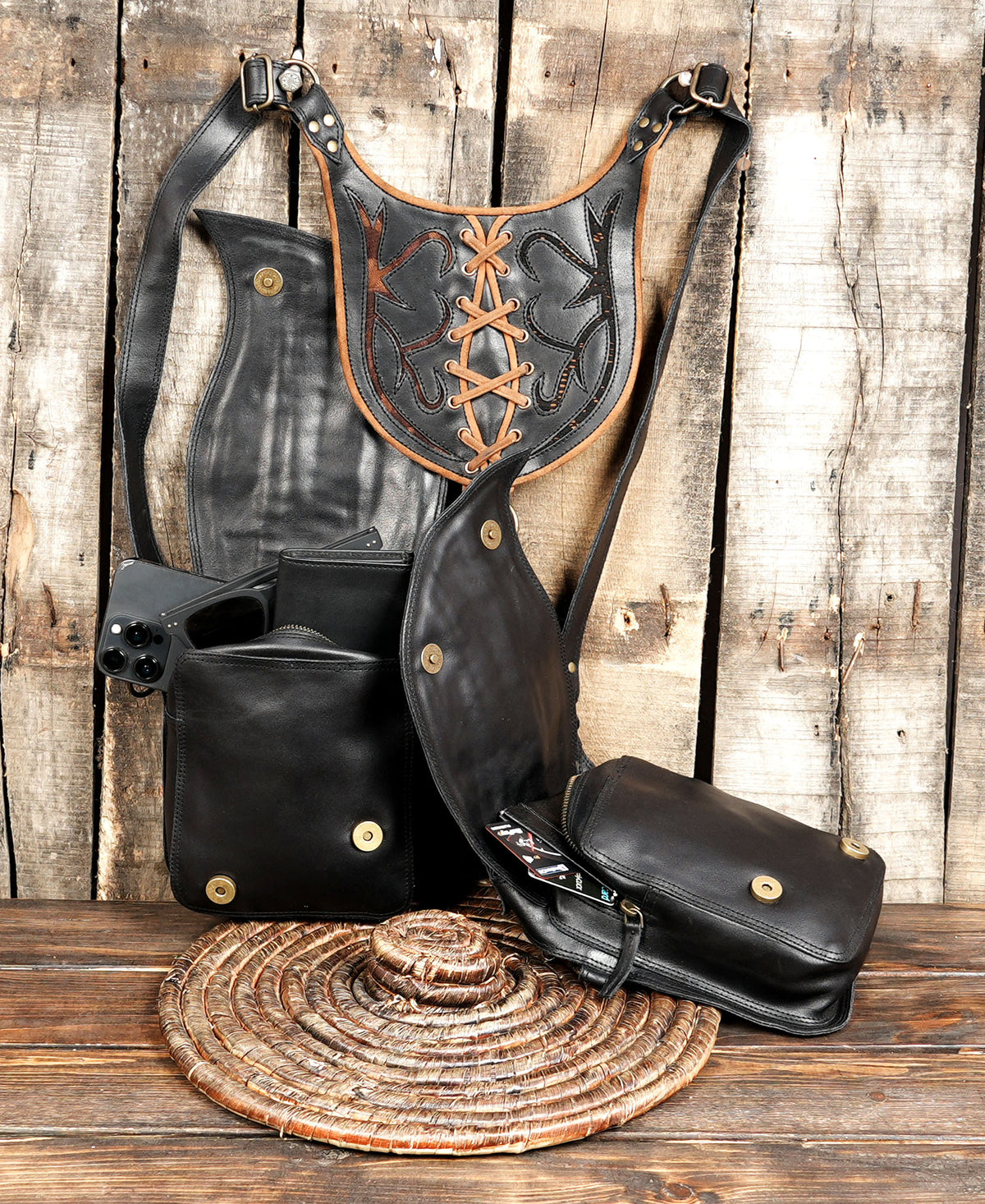 Black leather cosplay harness bag with functional storage