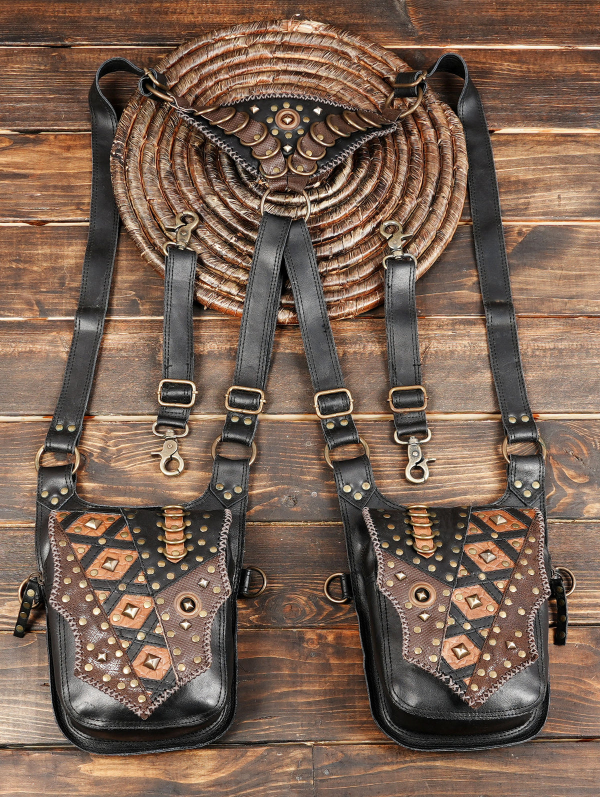 Unisex Black Double Pouch Harness Bag with Antique Brass Studs