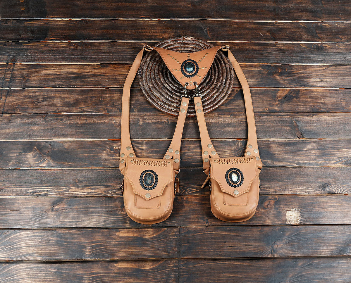 Tan Leather Double Hip Bag Harness with Natural Labradorite Stones