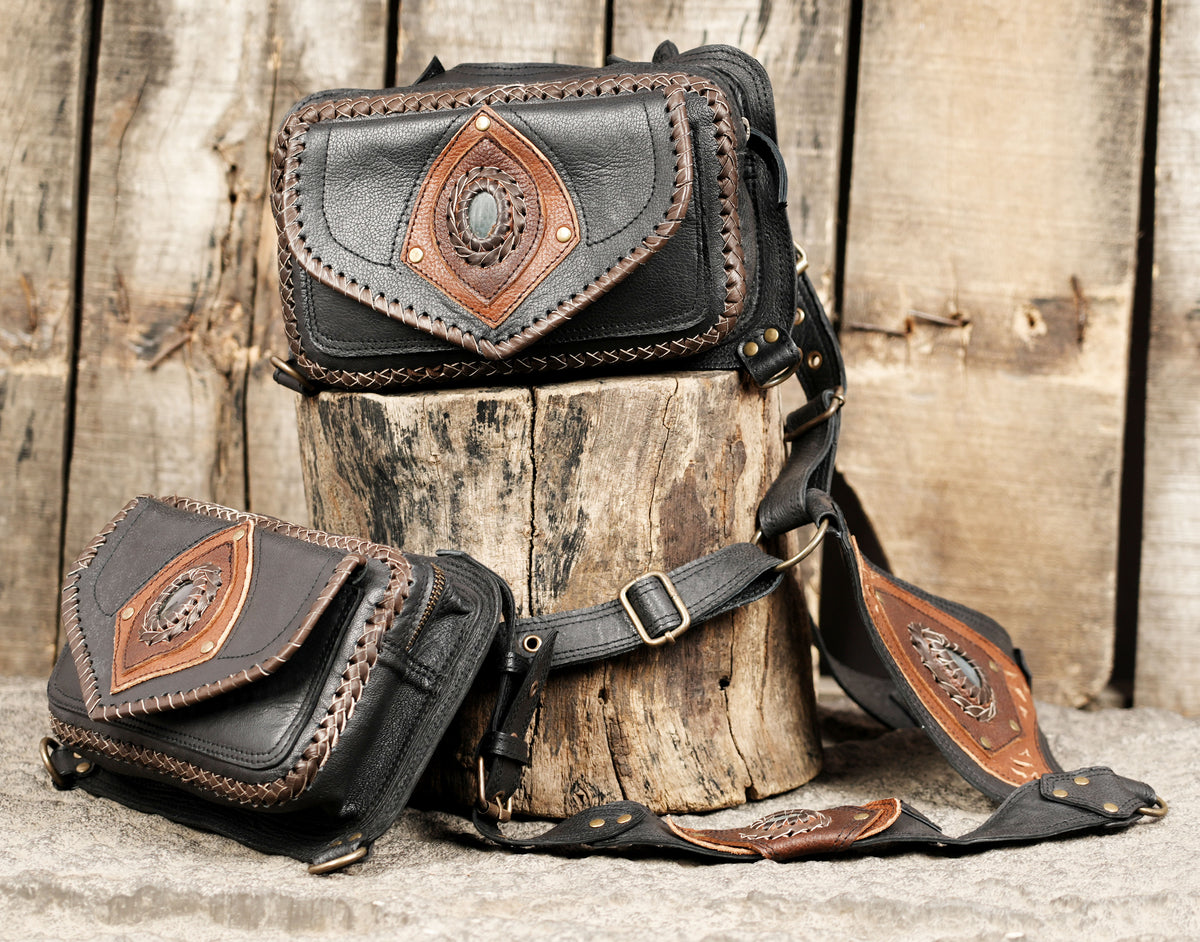 Handmade leather utility harness with two detachable holster bags