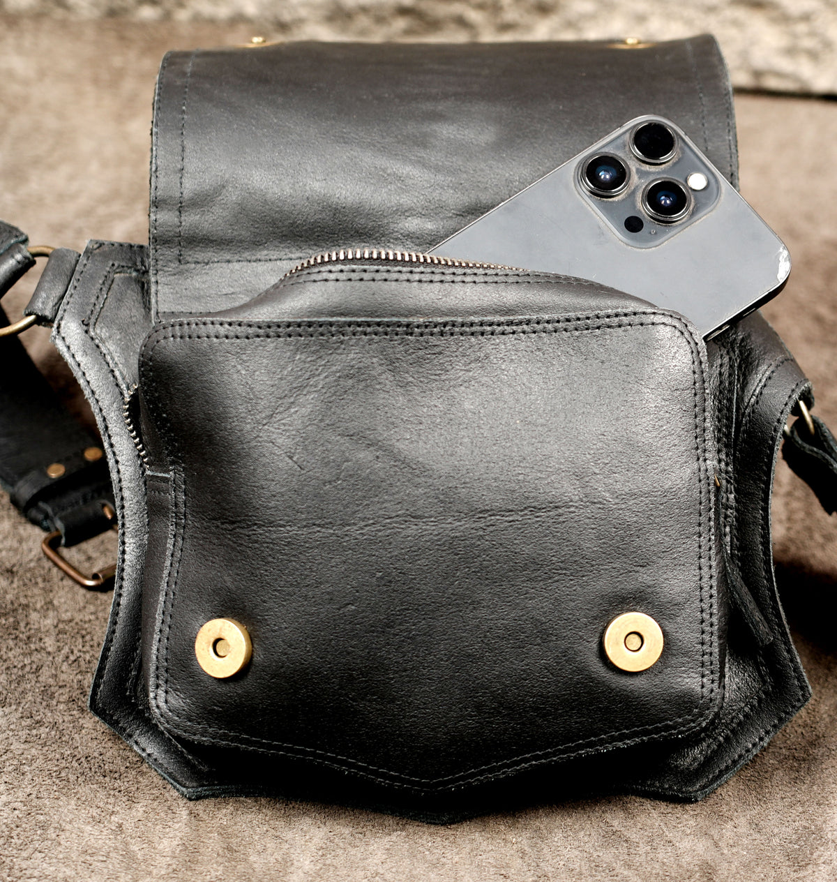Steampunk accessory belt with ruched leather pocket and brass eyelets