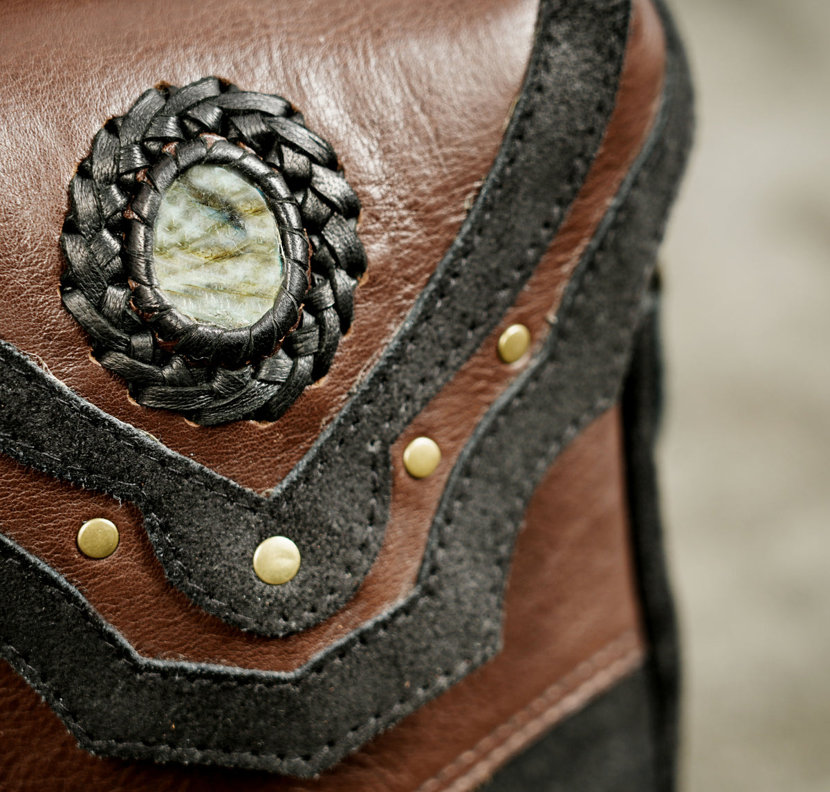 Handmade leather double shoulder bag with Natural Labradorite and decorative studs