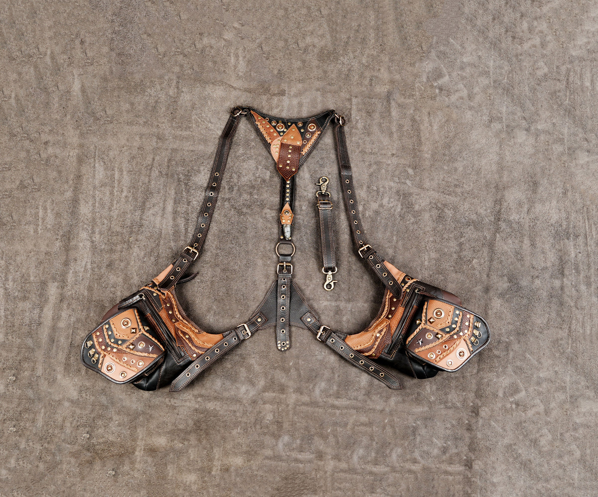 Handmade brown leather utility harness with two side pouches and brass studs