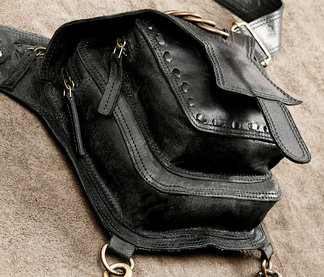 Hands-free black leather belt bag for travel