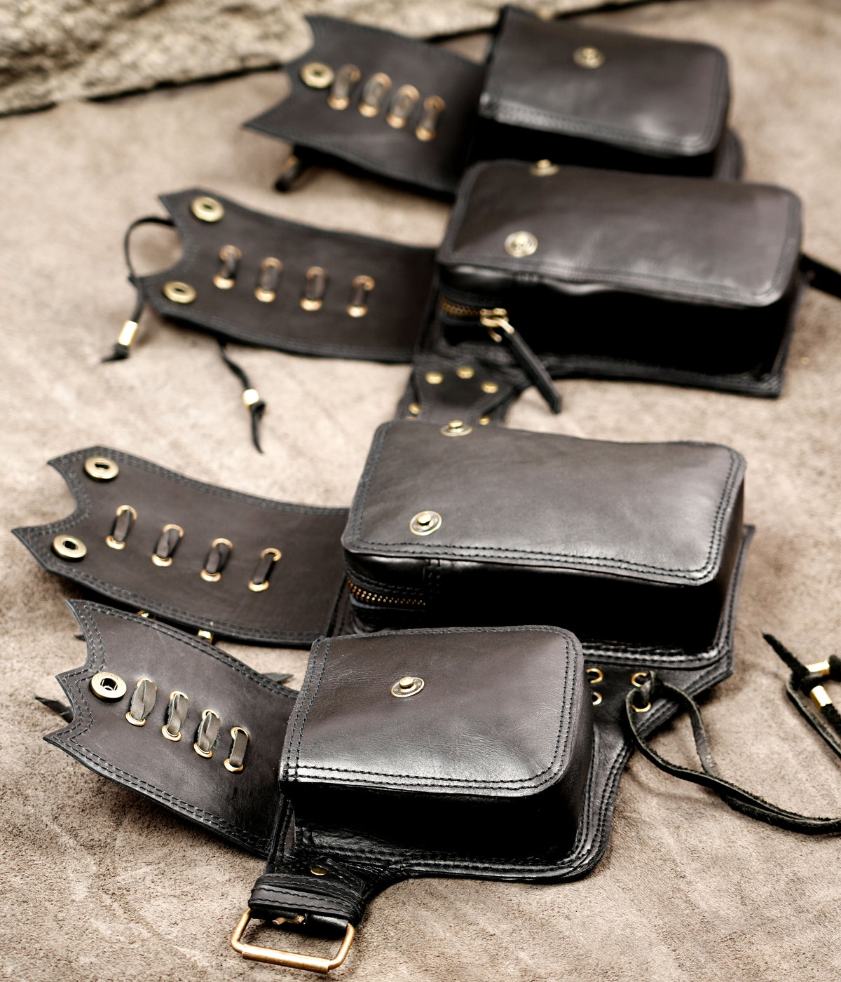 Boho festival black leather waist belt with four utility pouches