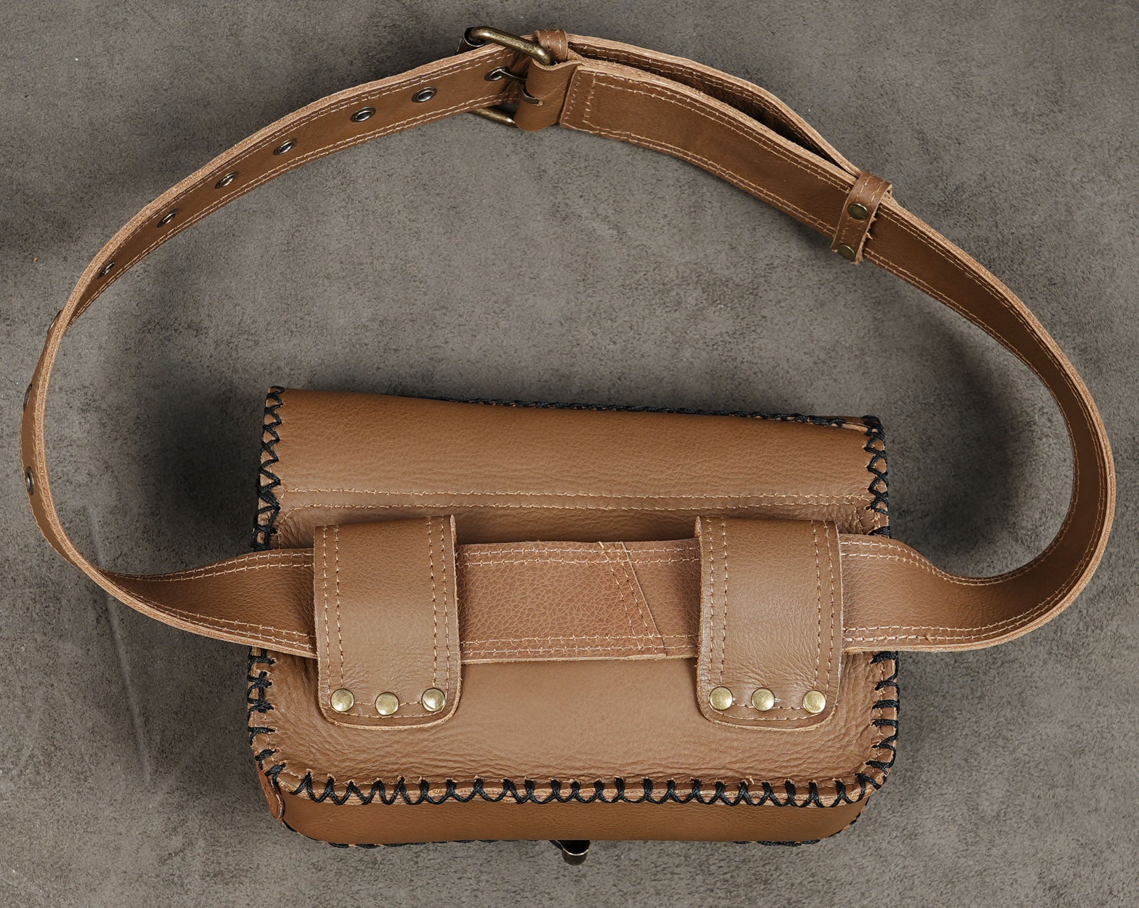Hands-free brown leather purse for travel and markets