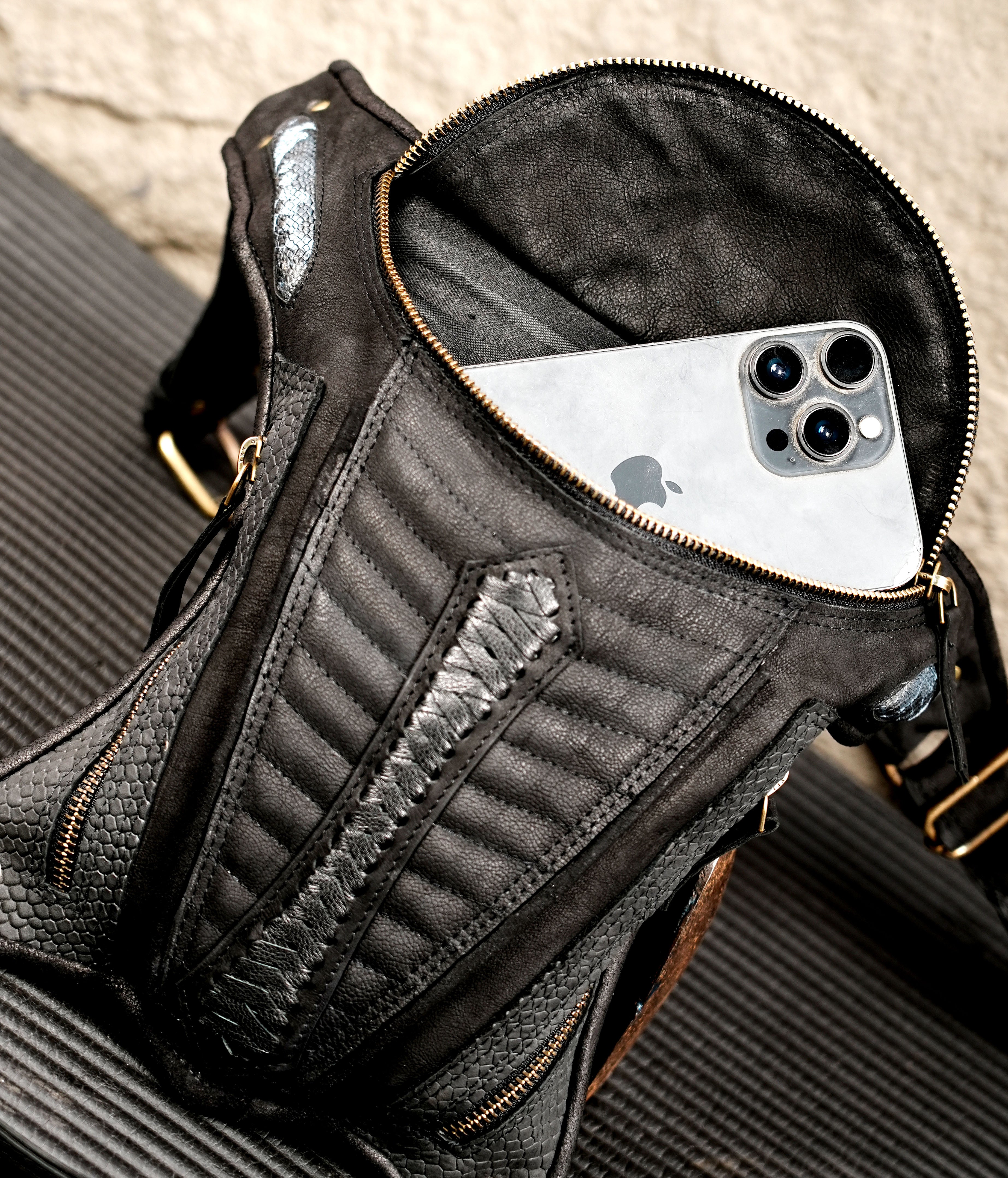 Hands-free leather festival pouch with secure zippers