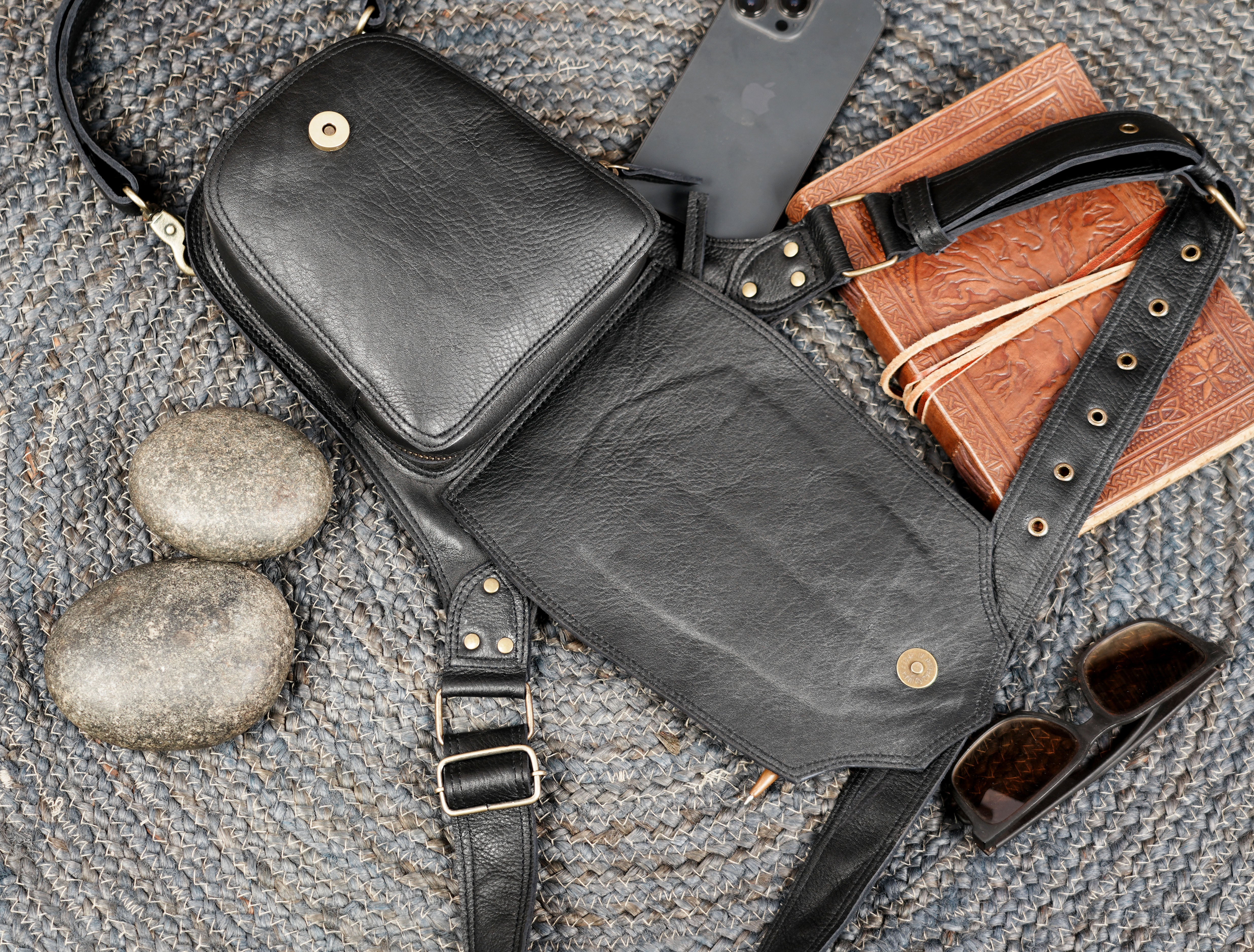 Hands-free leather waist pouch with leg straps