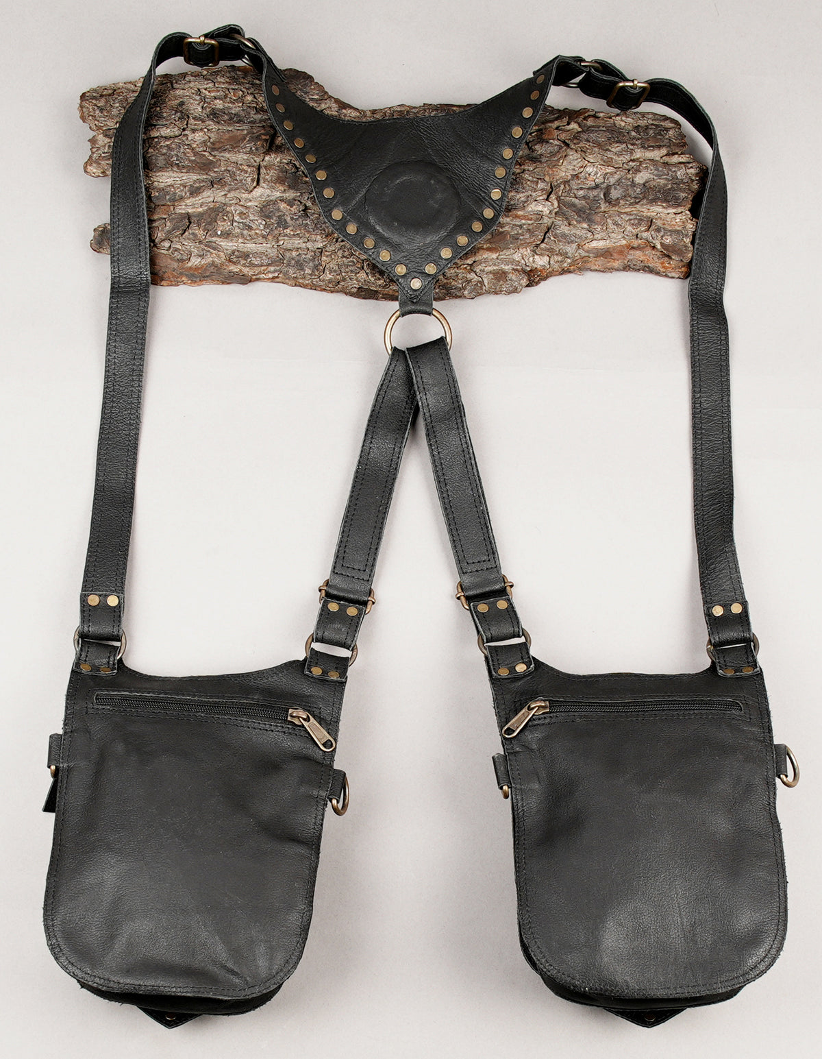Alternative fashion black double pouch bag with antique brass clips