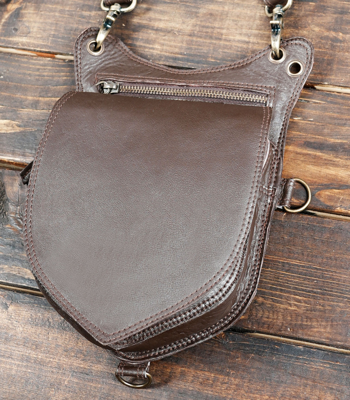 Unisex steampunk leather harness bag with decorative turquoise stone detail