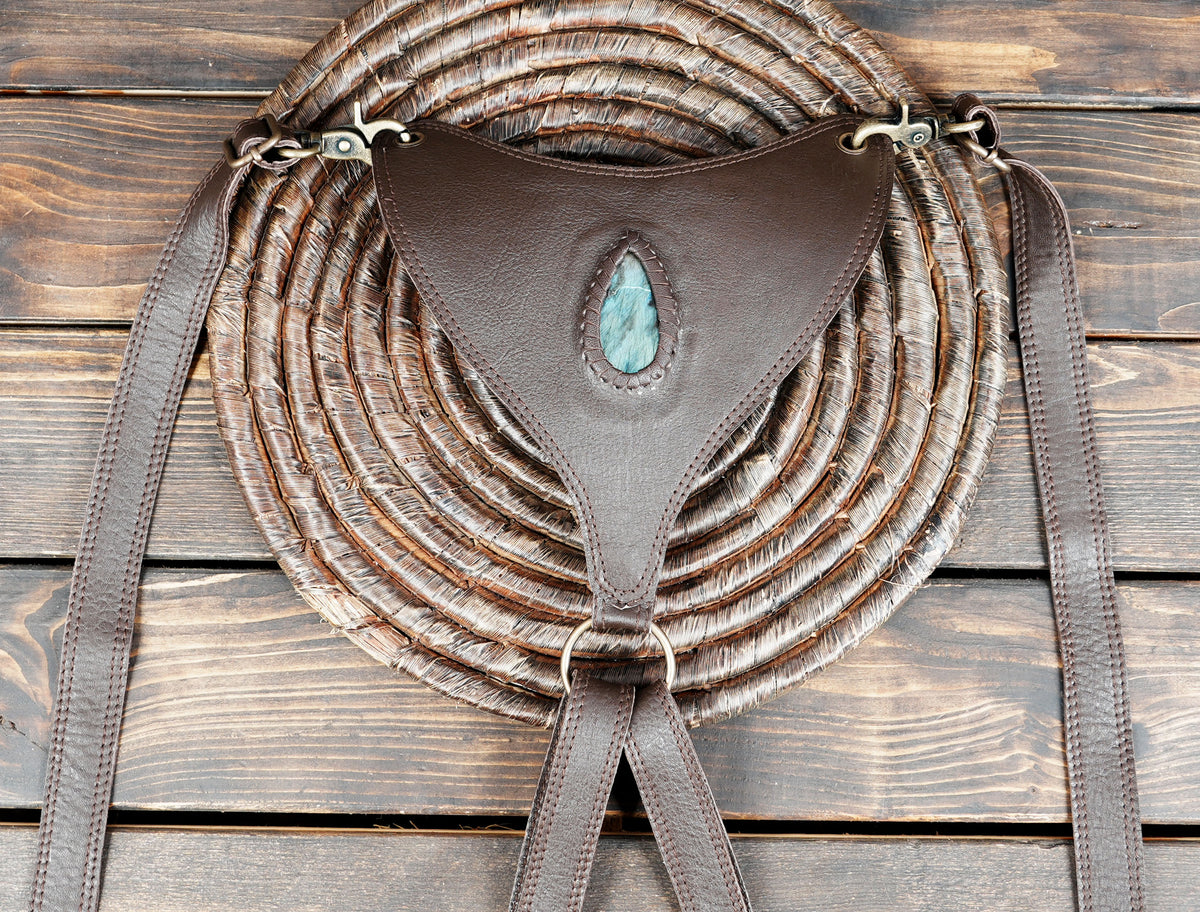 Festival leather belt harness with turquoise accent and matching pocket bags
