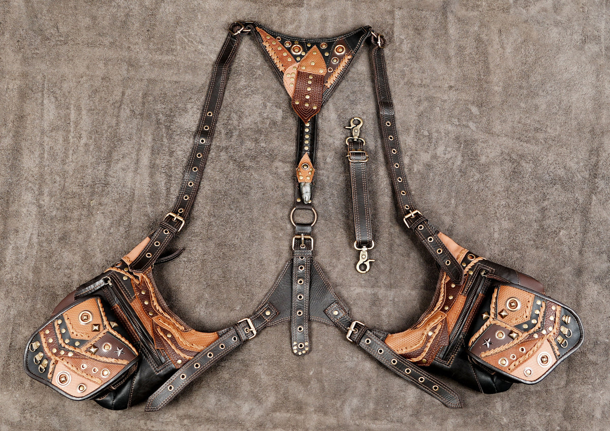 Genuine leather harness bag with two side compartments and buckle closures