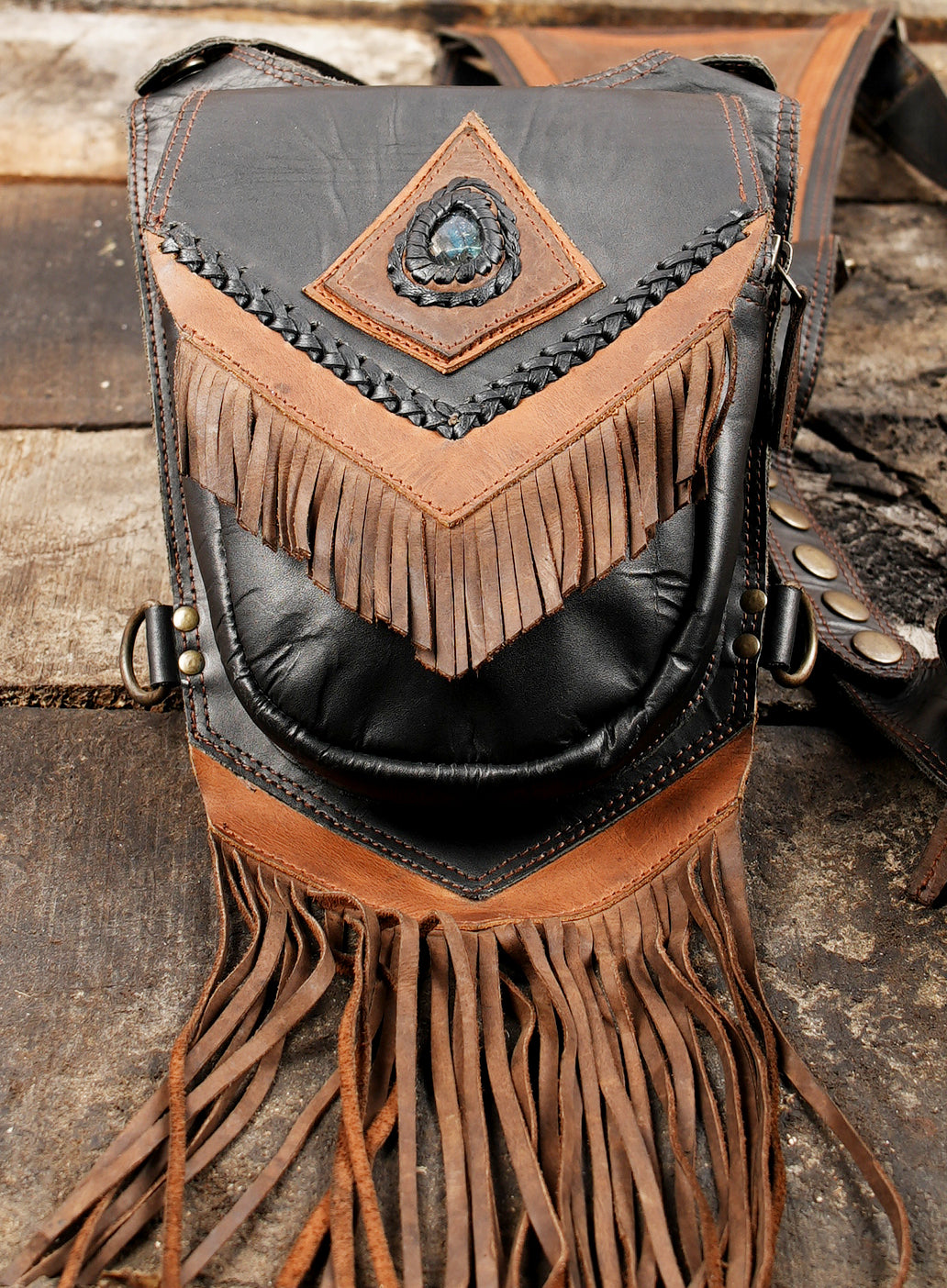 Handcrafted leather festival harness bag with two hip pouches and adjustable straps