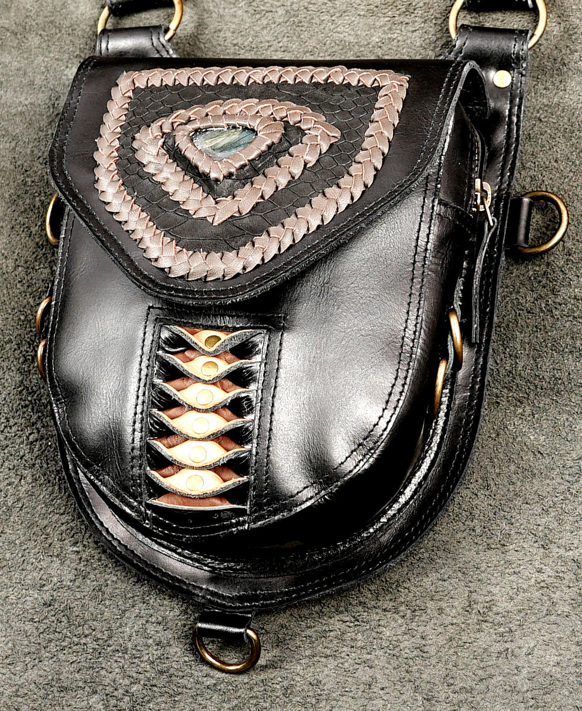 Black Leather Shoulder Holster Set with Labradorite Stones and Decorative Stitching