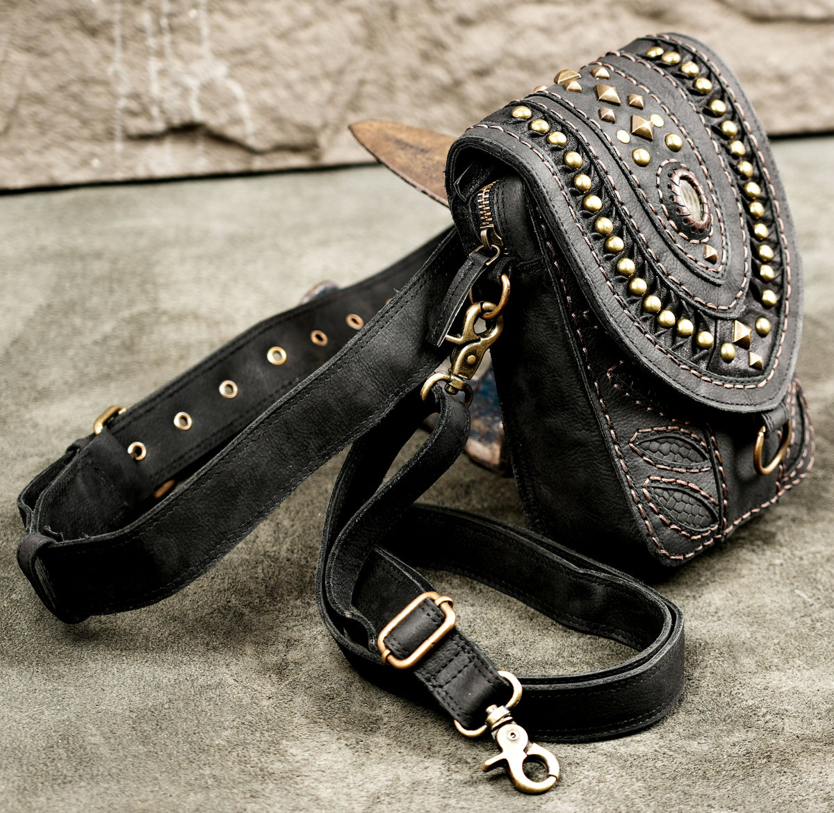 Handcrafted studded leather fanny pack for festivals and travel Handcrafted studded leather fanny pack for festivals and travel