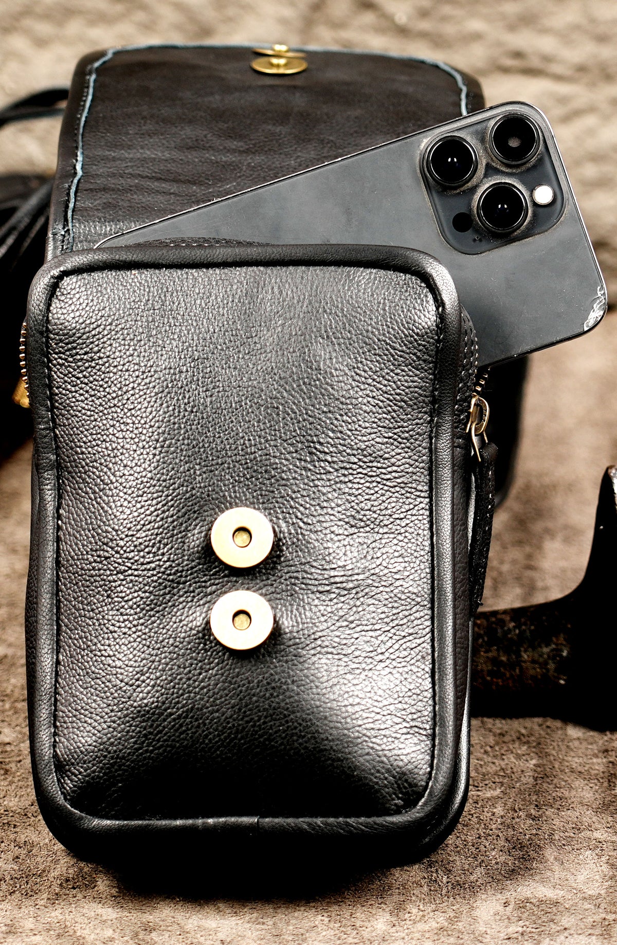 Artisan black leather chest harness bag with two front flap compartment